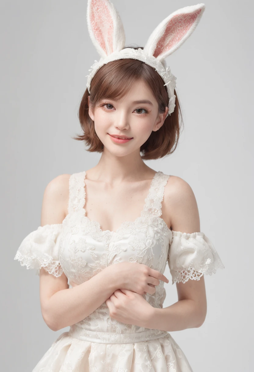 White Gradient Background, (Panorama: 1.2, Full Body: 1.2), 1 girl, Anatomically correct, Rabbit shaped headwear, short hair, smile, Rabbit patterned clothes, white shoes, perfect proportions, extremely detailed face