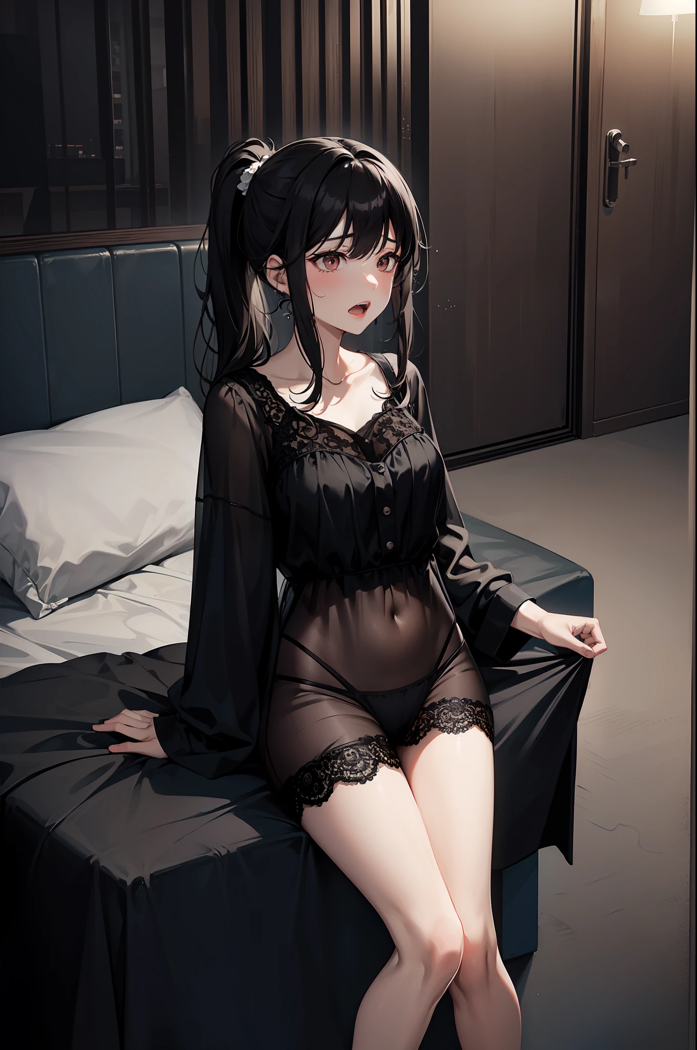 1 married woman,Black-brown double ponytail,Wearing black lace transparent pajamas,and wear no underwear,Female genitalia are clearly visible,bare-legged,Spring,Masturbation,open open mouth,Sperm spillage in the mouth