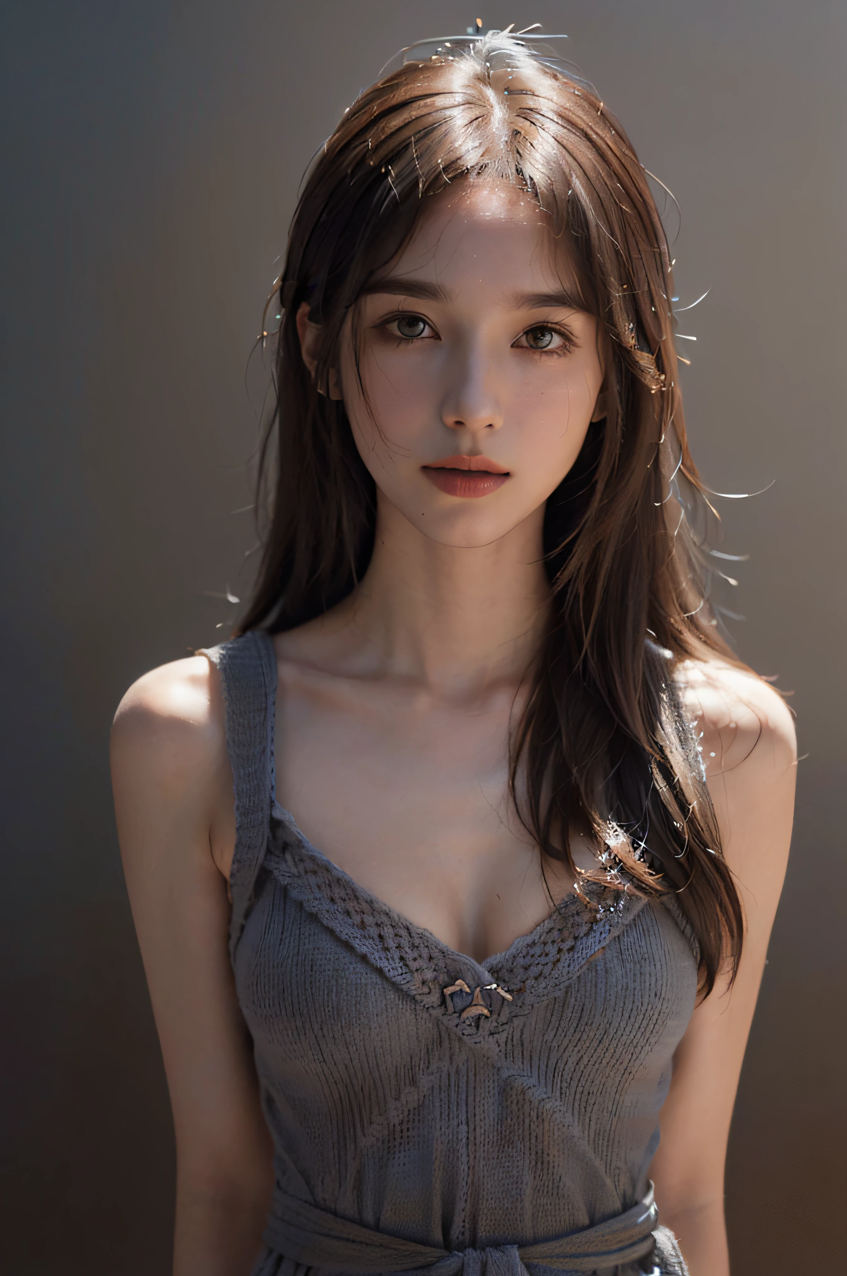 top-quality、Drawn details、(Face and upper body:2)、masterpiece、超A high resolution、(Realistic:1.4)、Raw photo、(20-year-old:2)、(small head:1.7)、(Beautiful fece:1.7)、cute little、(very long brown hair:2)、1人、(fair and clean skin:1.3)、(A slender:1.7)、(Dress、Sleeveless、knit、Charcoal-colored:1.7)、Romper、(simple gradation background、dark gray:1.8)、(flat lighting、Soft lighting、back lighting:1.7)、(Soft breasts, Large breasts:2)、(thin waist, Thin arms, thin neck, thin shoulders:1.7)