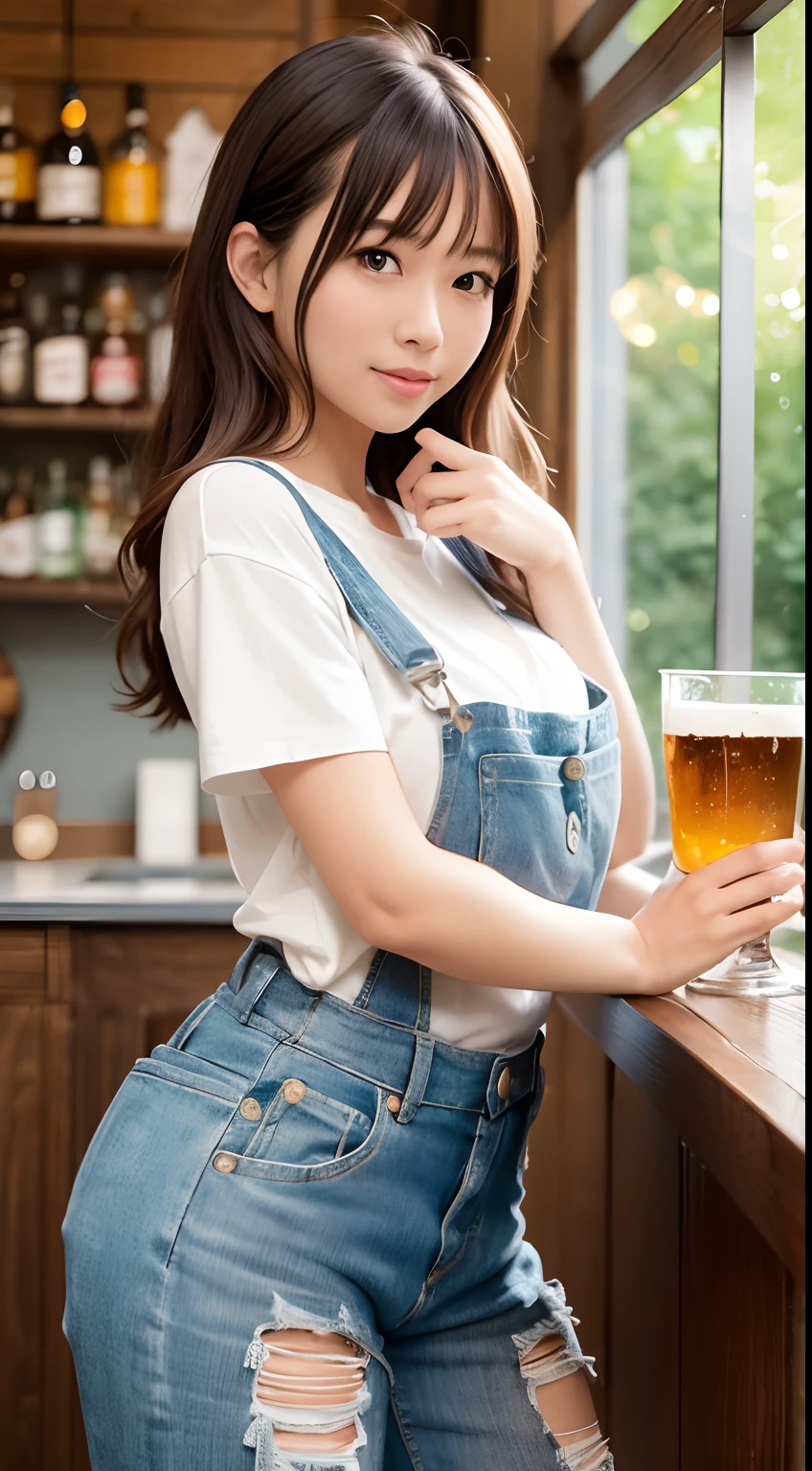 a very pretty girl,Young Face, huge smile, 10 yo,Brown hair,Moderate breasts, White T-shirt, overalls,
a bar counter,Holding a beer mug,Holding beer with both hands,
独奏,1girl in,nsfw
BREAK
(masutepiece, Best Quality,Ultra-detailed)