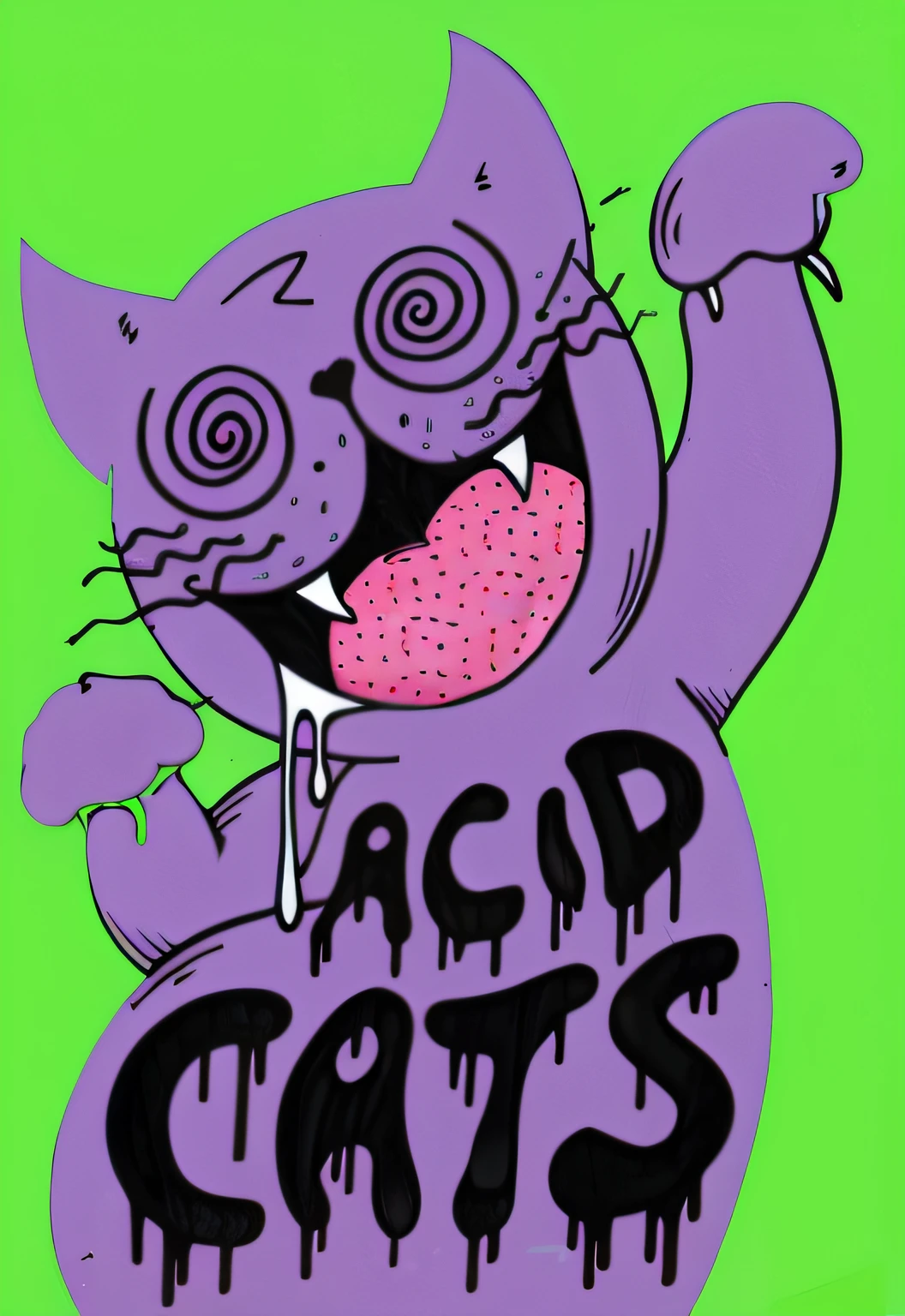 Cartoon cat with pink tongue and glasses holding pink donuts, Bad acid tour, Acid graphics, Acid Tour, Acidic color, acid rain. Holy, acid, acid rain, psychedelic acid trip, acid pixie, Purple cat, Acid Elves Acid Elves, Sour house, acid, acid bleeding deep colors, Acidic graphite, pikachu on acid