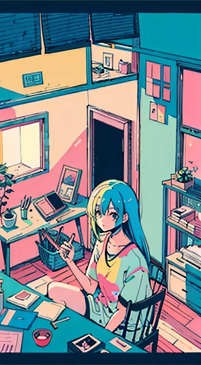 (masutepiece:1.5, Best Quality:1.5), ((Vaporwave Style, partially coloring)), close-up, From above, Cinematic Angle, (((vanilla))), 1girl in, Solo, Cute smile, (hold a vanilla ice cream), Jewelry Decoration, Long hair, in an ice cream shop, doll mess, decadent life, Sunset outside the window, Street outside the window, Sunset outside the window, Music album covers