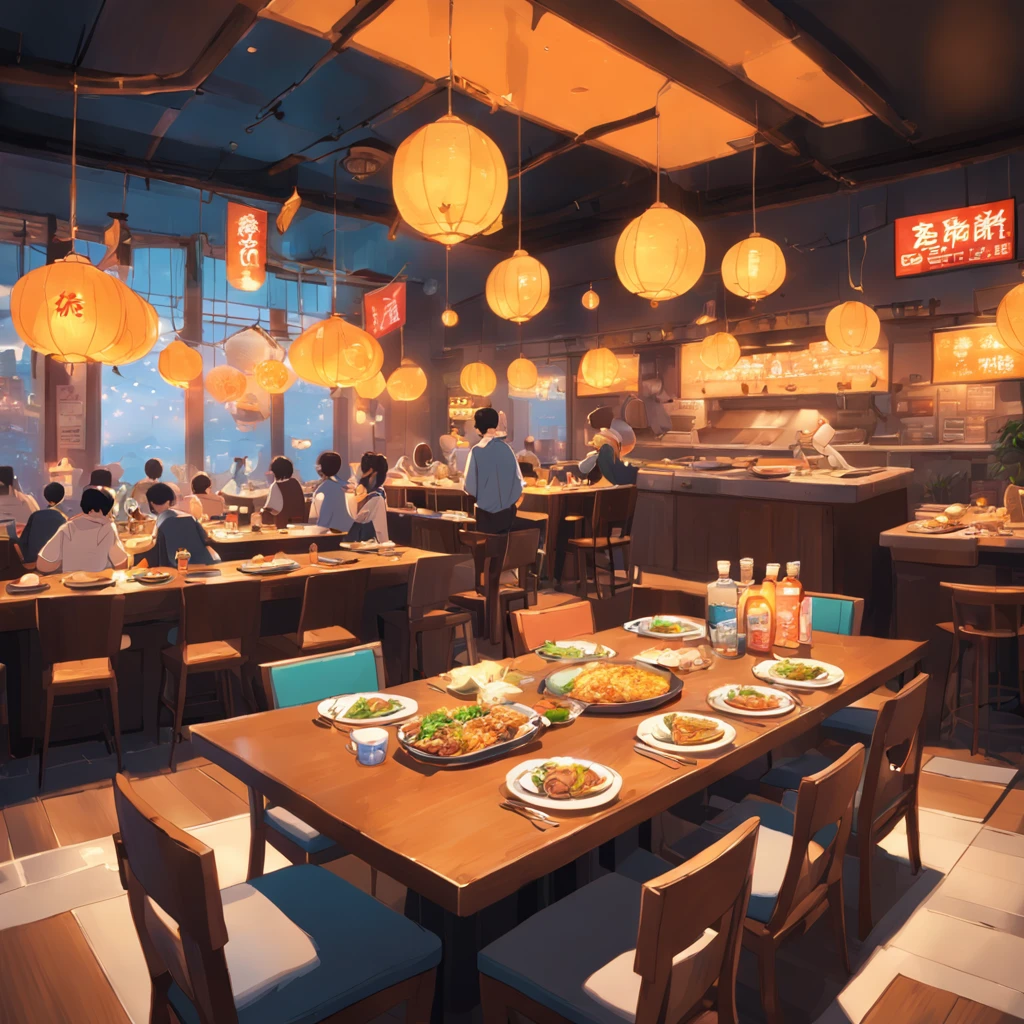 Cartoon style, game scene atmosphere map, Pixar style, orange aroma, several plates of food on the table, fried rice with green onion and egg, braised pork, steamed fish, glass drink cup, restaurant for the night, casual play style