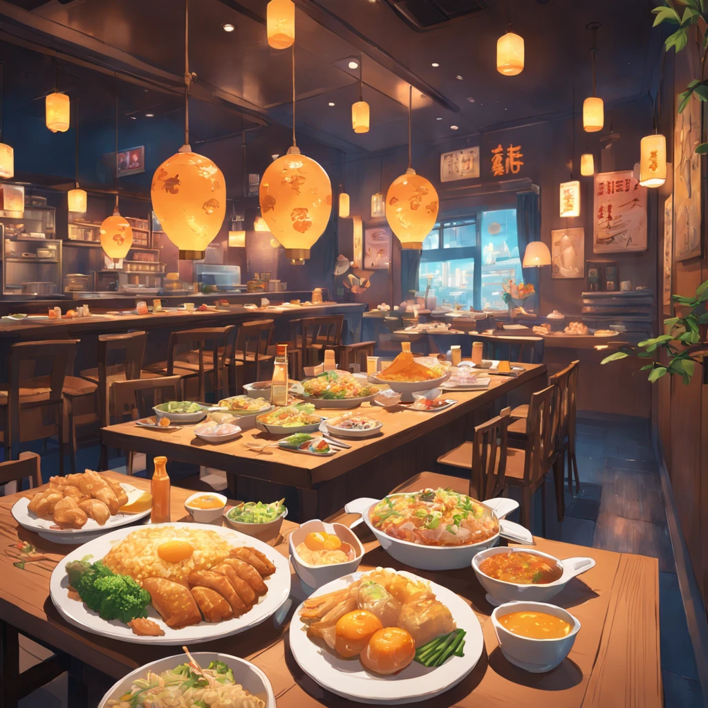 Cartoon style, game scene atmosphere map, Pixar style, orange aroma, several plates of food on the table, fried rice with green onion and egg, braised pork, steamed fish, glass drink cup, restaurant for the night, casual play style