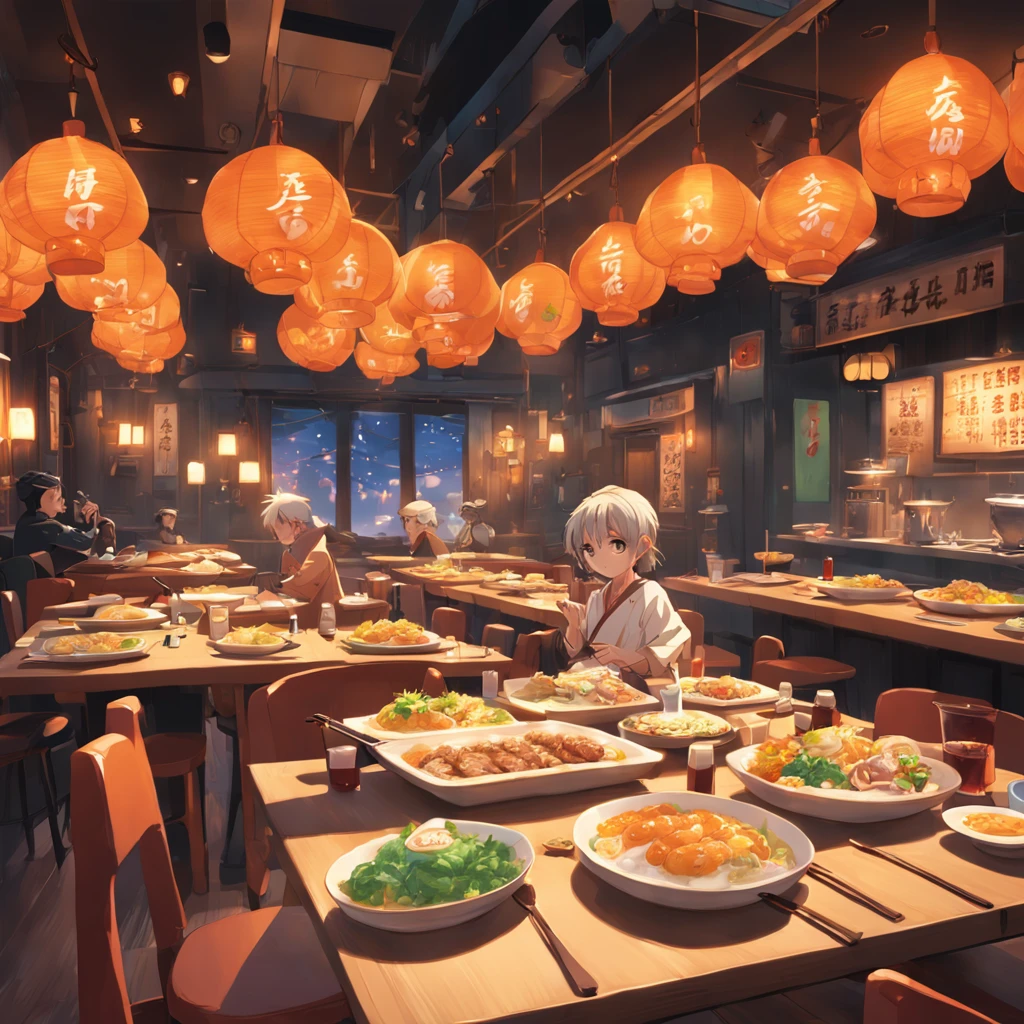 Cartoon style, game scene atmosphere map, Pixar style, orange aroma, several plates of food on the table, fried rice with green onion and egg, braised pork, steamed fish, glass drink cup, restaurant for the night, casual play style