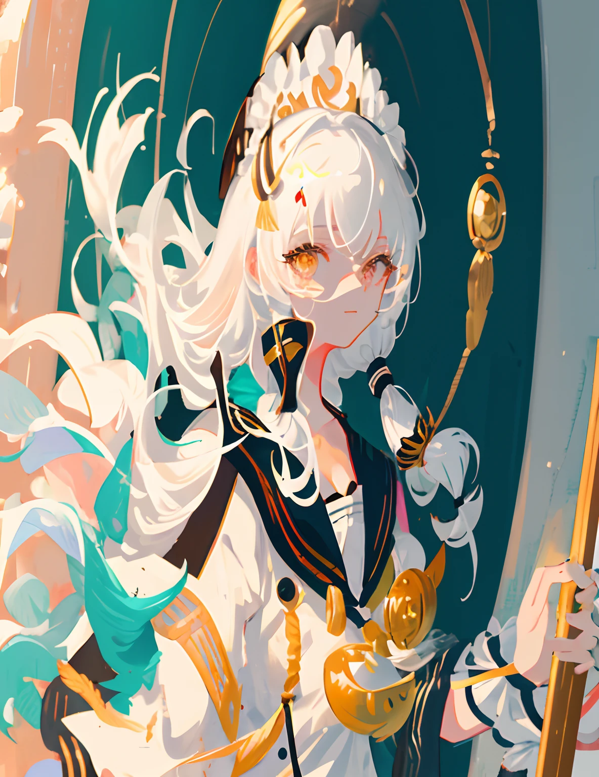 Masterpiece, Best quality, Ultra-detailed, illustration, Close-up, straight on, Face focus, 1girll, White color hair, Cheerful expression, view the viewer, Black sailor suit, nipple tassels，Golden eyes，Big breasts that expose the