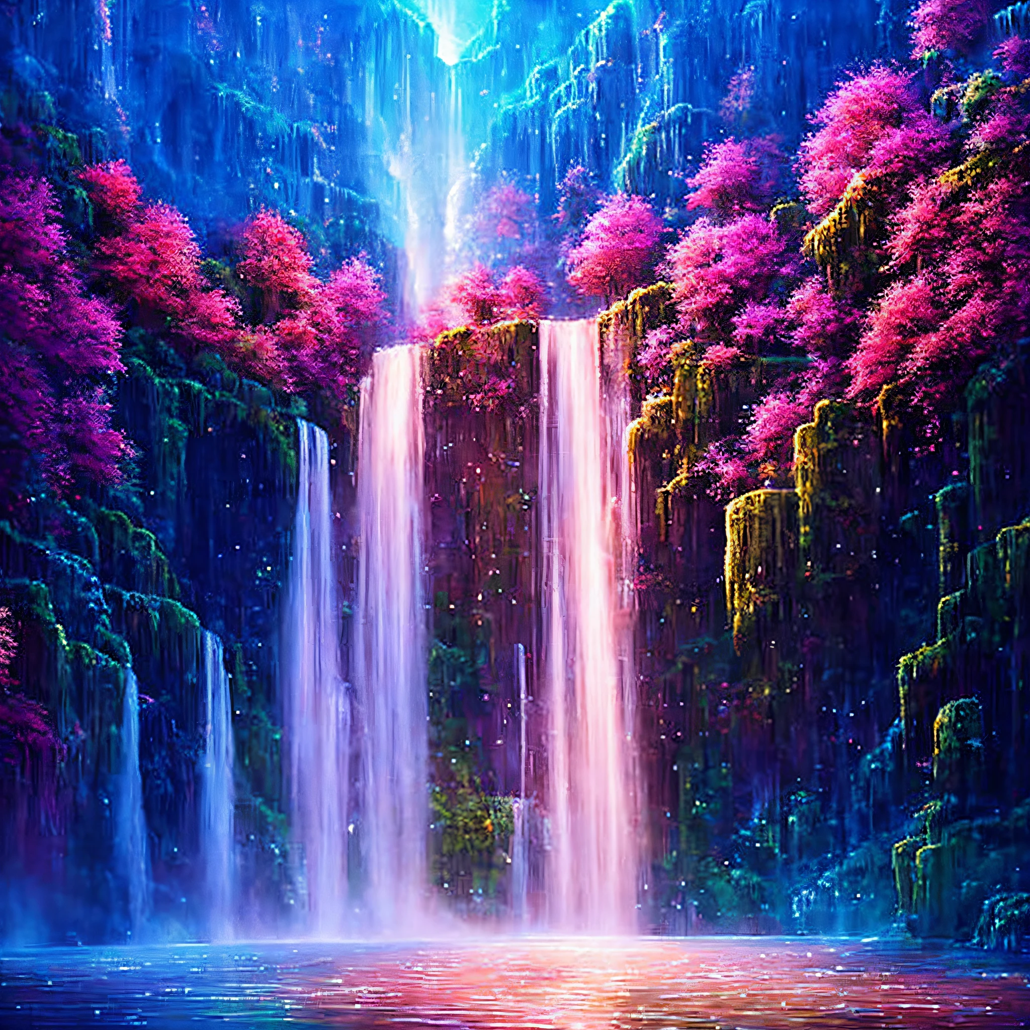 A large waterfall,There is a light at the end of the waterfall, pink waterfalls, Very Beautiful Digital Art, beautiful digital art, Beautiful fantasy painting, beautiful digital painting, beautiful dreamy breathtaking, beautiful gorgeous digital art, very beautiful photograph of, floating waterfalls, Beautiful digital artwork, Nebula Falls, Beautiful art UHD 4 K, dreamlike digital painting, flowers and waterfalls