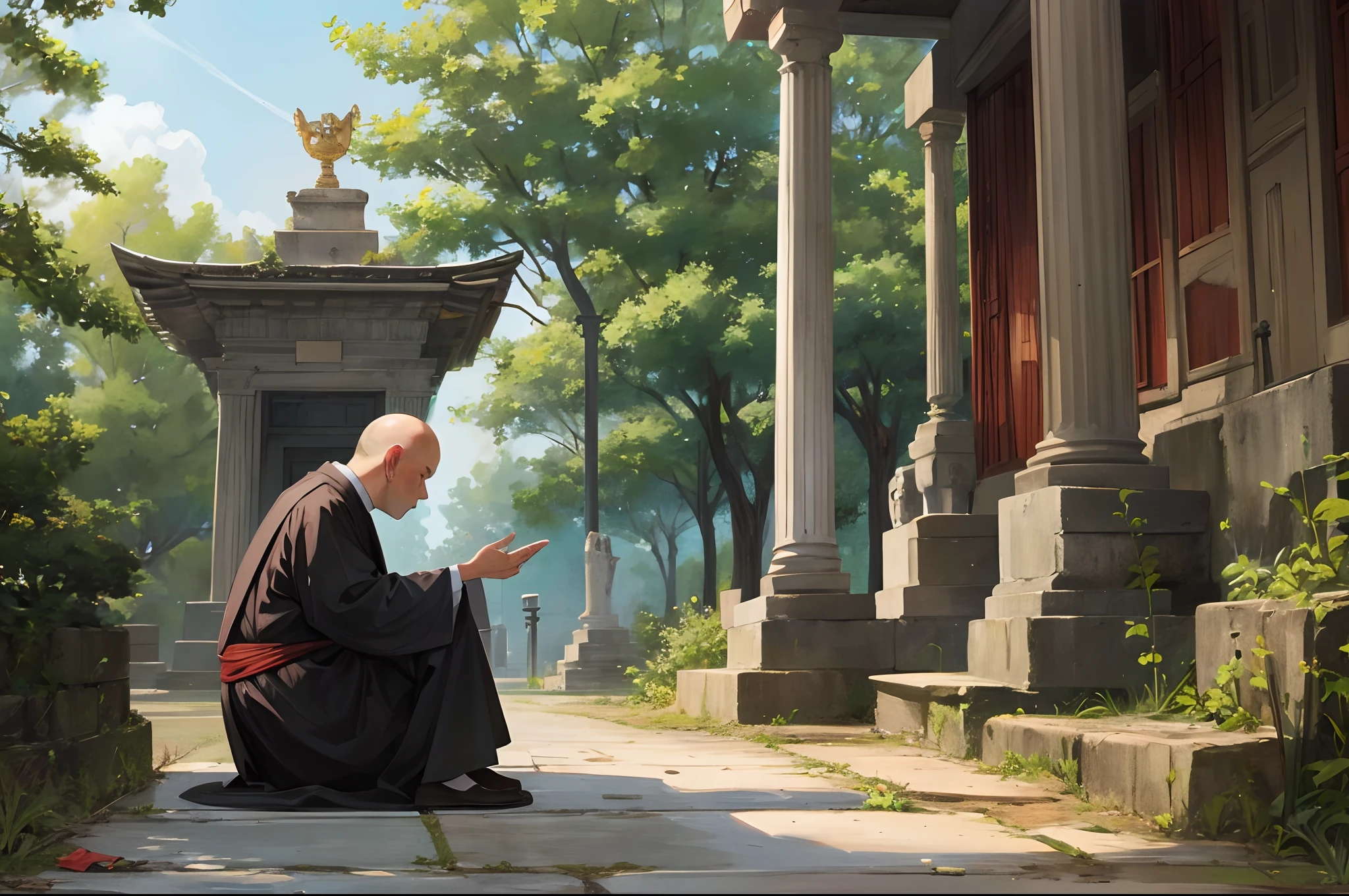 Ancient temple，The chubby bald little monk sat on the ground，There is a candle in front of him,