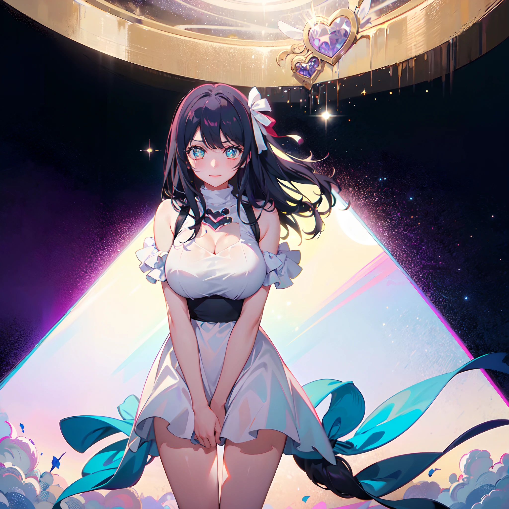 1 girl, solo,heart-shaped pupils, eye reflection, aqua eyes, light smile, embarrassed, blush, ear blush, seductive smile, hair ribbon, sparkle, glowing light, image fill, halftone, panorama, bloom, UHD, UHD, retina, masterpiece, ccurate, anatomically correct, textured skin, super detail, 16k, highres, wearing beautiful wholesomeness dress, black princess dress 👗, glitter, gold ribbon, diamond ring, shiny, beautiful,in space fantasy place, huge breasts, thicc thighs, milf, mommy, flowers, petal, black hair,(( masterpiece)), (( best quality)), absurd, highers
