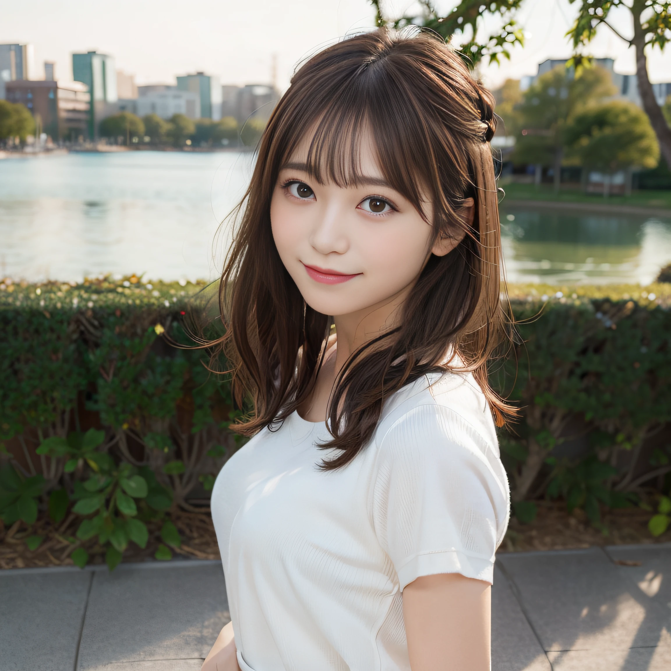 8K,Best Quality:1.4,high details、 超A high resolution:1.5, (Photorealistic:1.4),​masterpiece:1.2,(top-quality:1.4)、 Raw photo、(the background is blurred), Park by the lake,fully body photo:1.8、Standing Pose:1.2、 1日本人の女の子, Cute, (Solo), (Shy smile), Smooth skin、ＴThe shirt、Check miniskirt:1.3、 (Brown medium hair,Bangs), (touch hair:1.4)、nogizaka、cute little、(30-years old:1.2)、beauty legs、Supple fingertips、Realistic fingers、Beautiful black eyes、natural skin textures:1.3, realistic eyes and face details:1.7、middlebreasts、gazing at viewer,Gravure Pose