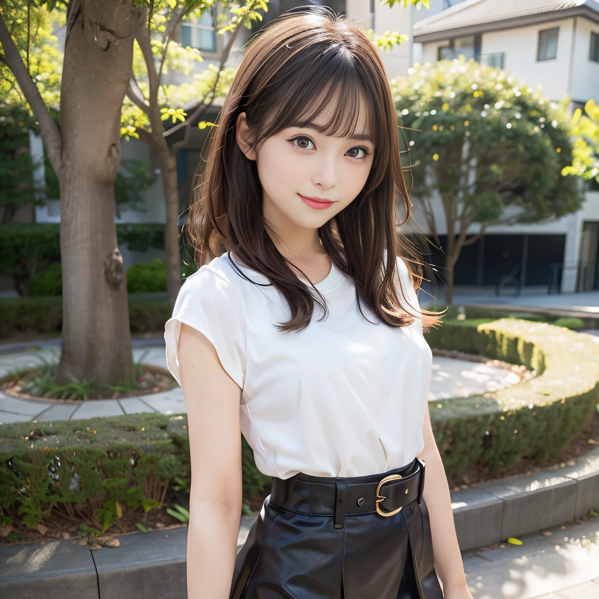 8K,Best Quality:1.4,high details、 超A high resolution:1.5, (Photorealistic:1.4),​masterpiece:1.2,(top-quality:1.4)、 Raw photo、(the background is blurred), Park by the lake,fully body photo:1.8、Standing Pose:1.2、 1日本人の女の子, Cute, (Solo), (Shy smile), Smooth skin、ＴThe shirt、Check miniskirt:1.3、 (Brown medium hair,Bangs), (touch hair:1.4)、nogizaka、cute little、(30-years old:1.2)、beauty legs、Supple fingertips、Realistic fingers、Beautiful black eyes、natural skin textures:1.3, realistic eyes and face details:1.7、middlebreasts、gazing at viewer,Gravure Pose