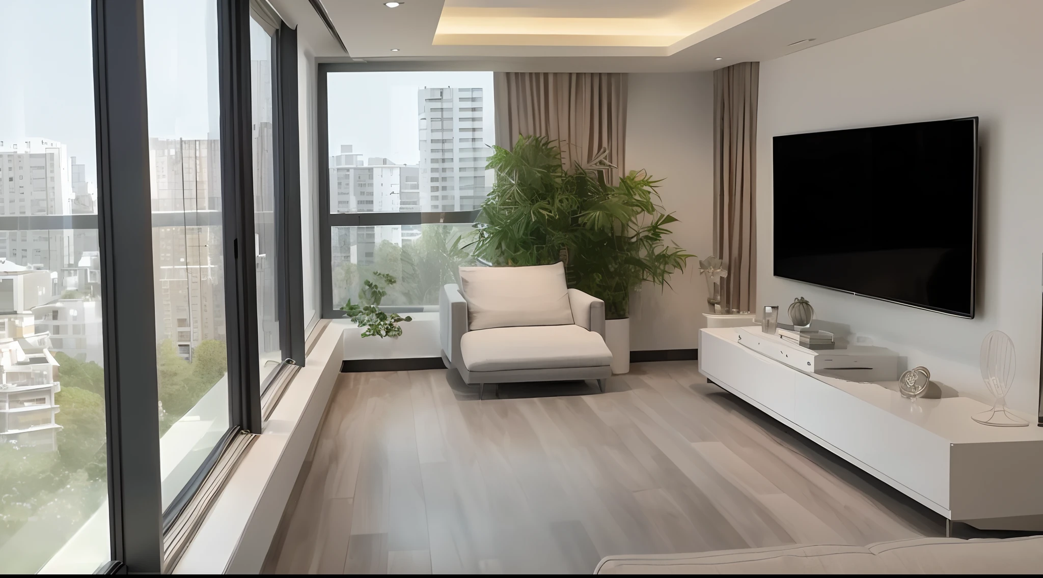 View from the living room with large windows and flat-screen TV, a digital rendering inspired by Cheng Jiasui, Instagram, baroque, luxury condo interior, city apartment, luxurious environment, flat grey, with backdrop of natural light, expansive cinematic view, fancy apartment, Relaxing environment, apartment design, floor - to - ceiling windows, Living room，gentlesoftlighting，ray tracing, cinematic lighting, UHD, masterpiece, ccurate, textured skin, super detail, high details, high quality, highres, best quality, 16k