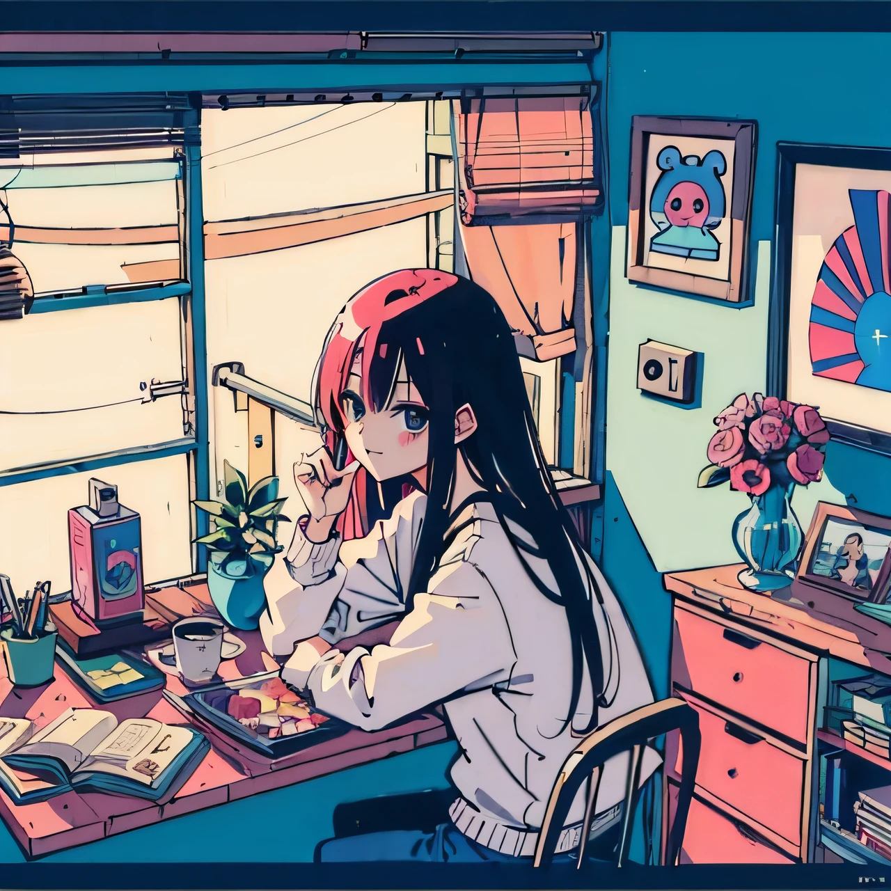 (masutepiece:1.5, Best Quality:1.5), ((Vaporwave Style, partially coloring)), close-up, From above, Cinematic Angle, (((vanilla))), 1girl in, Solo, Cute smile, (hold a vanilla ice cream), Jewelry Decoration, Long hair, in an ice cream shop, doll mess, decadent life, Sunset outside the window, Street outside the window, Sunset outside the window, Music album covers