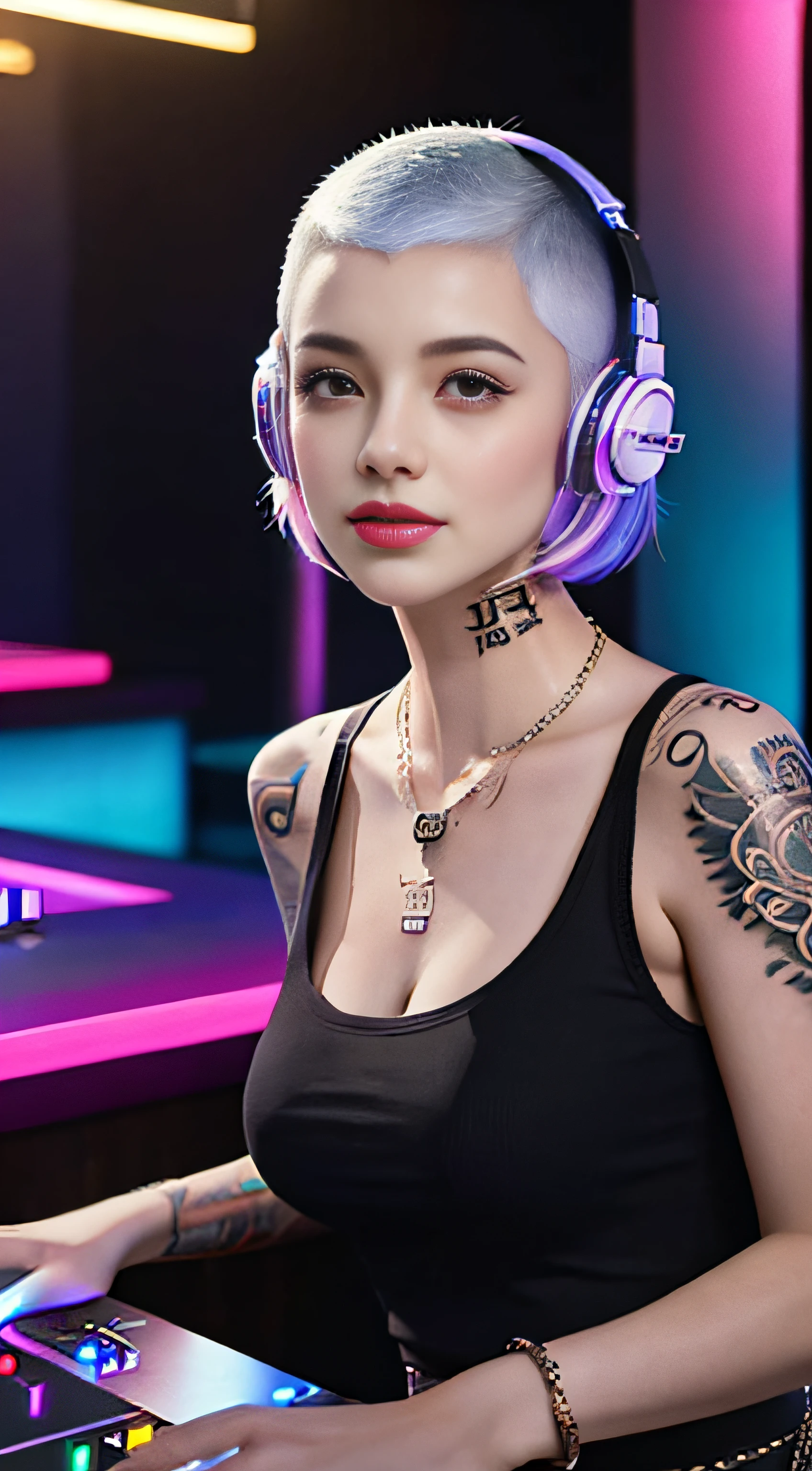 Best quality, Masterpiece, Ultra High resolution, native photo, Professional, photography, color photography, 1 girl, disco bar, girl with headphones, Djing in bar, upper body, female DJ, Looking at the crowd, DJ, DJ machine, DJ machine, Stage lights, (buzz cut:1.1), (Tattoo :1.1), Happy, dynamic, Gucci, Versace, cool, necklace, view