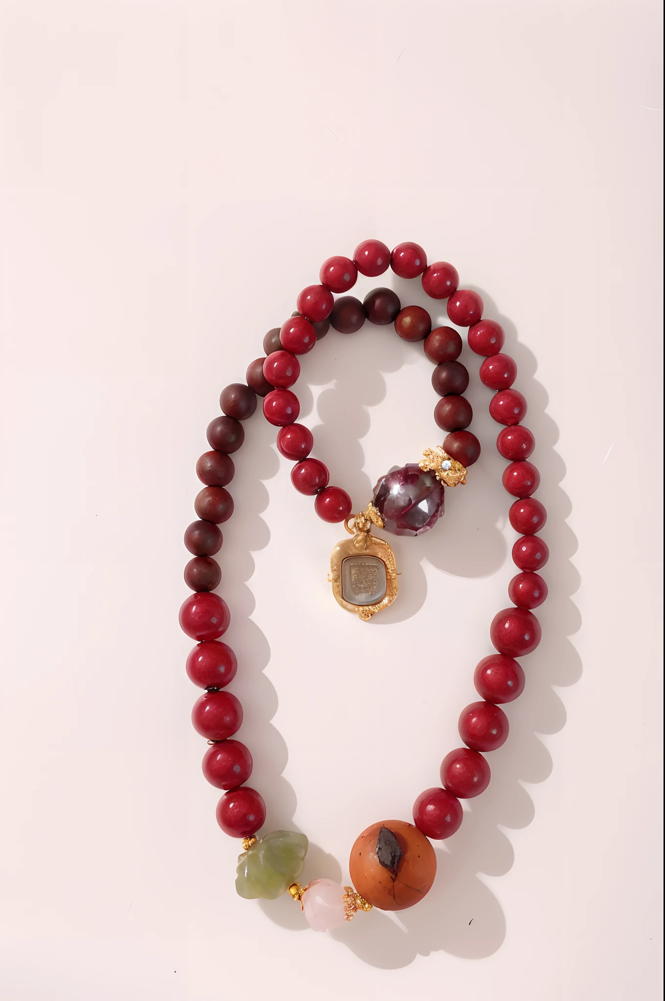 Close-up of necklace with red beads and gold pendant, bead necklace, embedded with gemstones, glass beads clay amulets, shaxi, Beads, Gem Necklace, inspired by Park Hua, jia, beads cross onbare chest, Chiba Yuda, Red jewelry, 8K)), mixed media, maler collier