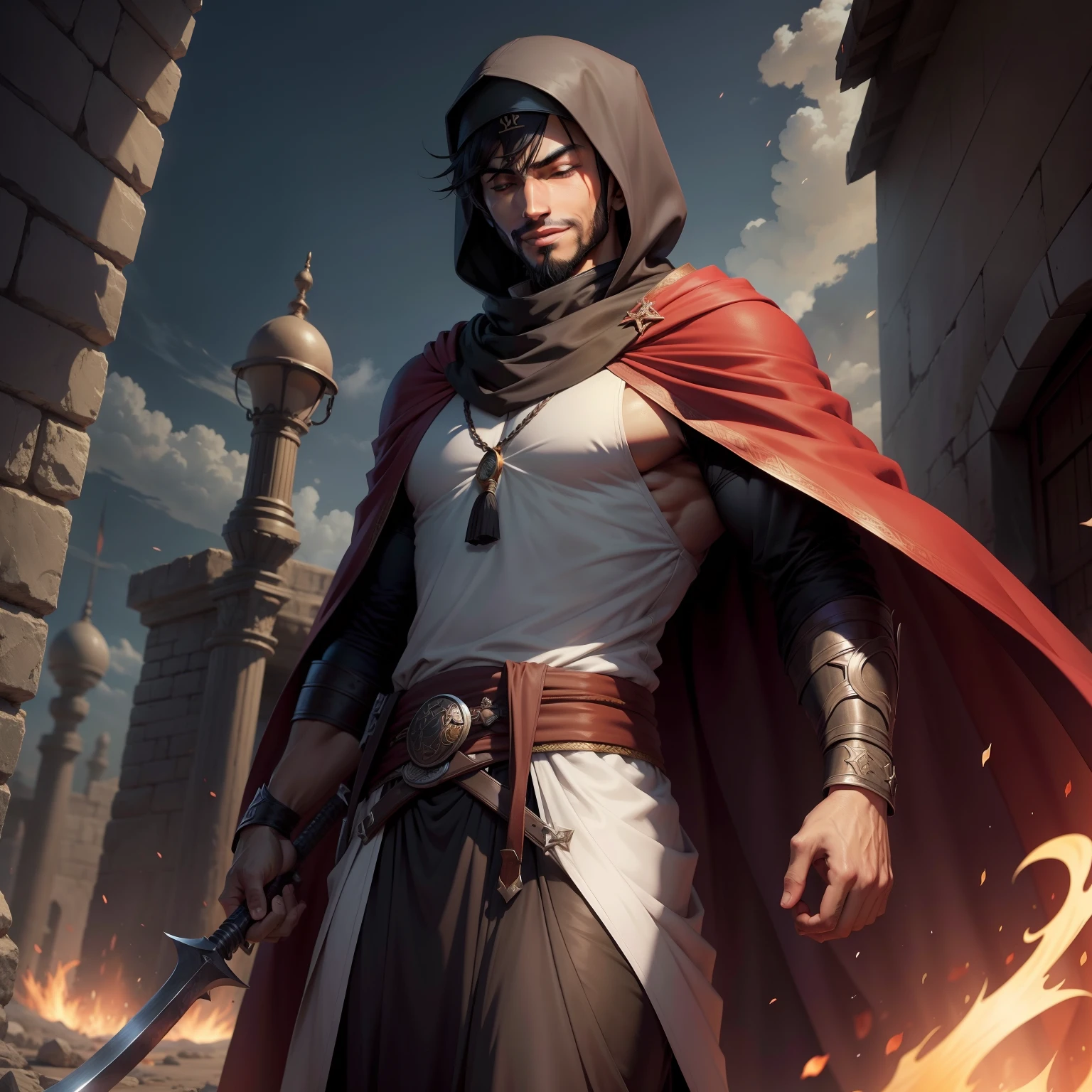 Muslim anime alpha male, wearing kaffiyeh, antimony in the eyes, eyes closed, smiling, a hooked cloak, assassin creeds robe