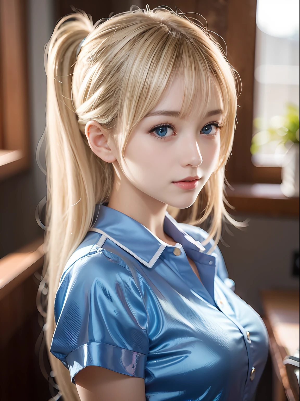 portlate、School Uniforms、bright expression、poneyTail、Young shiny shiny white shiny skin、Best Looks、Blonde reflected light、Platinum blonde hair with dazzling highlights、shiny light hair,、Super long silky straight hair、Beautiful bangs that shine、Glowing crystal clear attractive big blue eyes、Very beautiful nice cute 16 year old girl、Lush bust