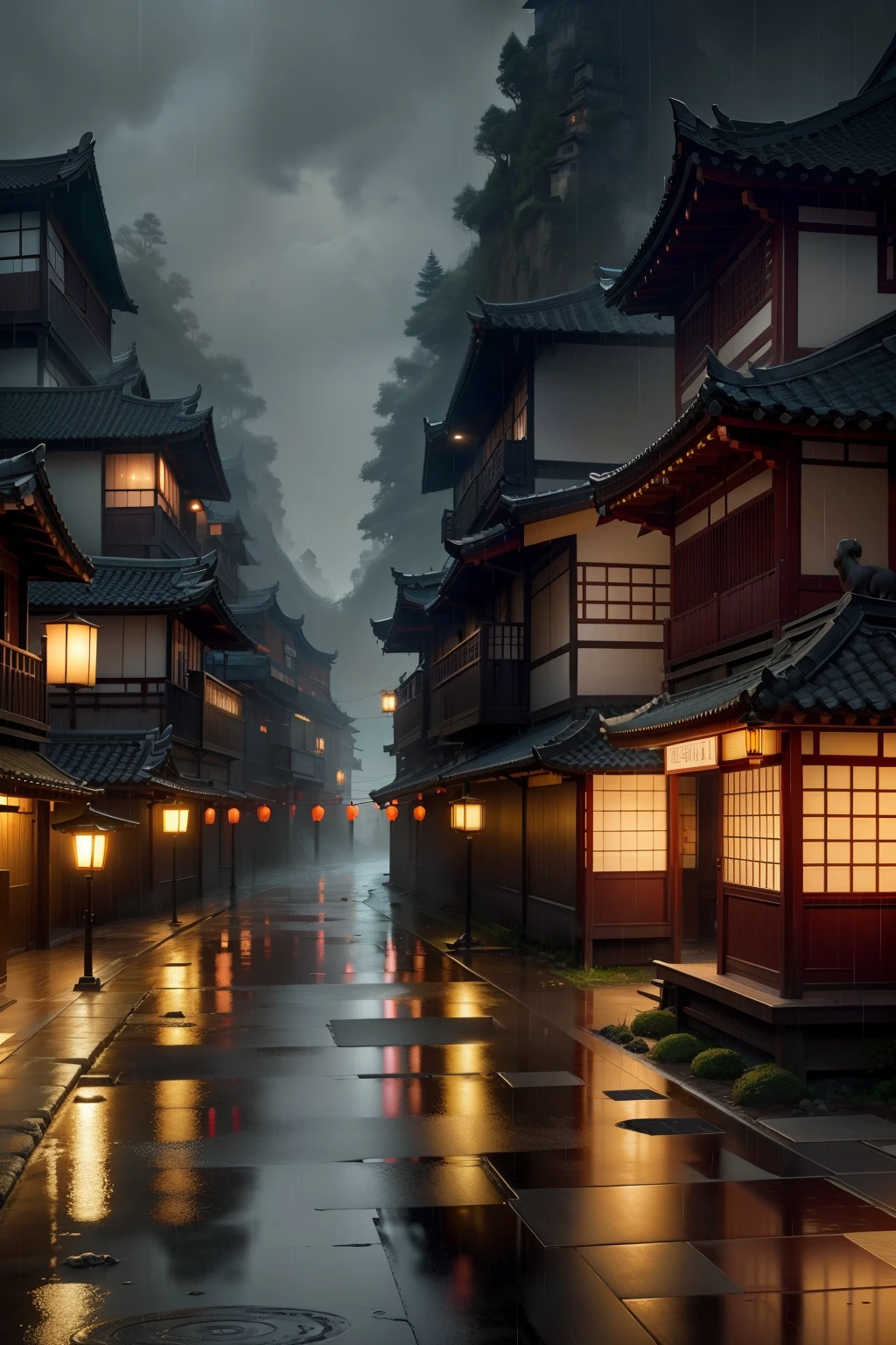 arafed view of a village with a lot of lights on the buildings, dreamy chinese town, chinese village, amazing wallpaper, japanese town, japanese village, hyper realistic photo of a town, old asian village, japanese city, by Raymond Han, rainy evening, cyberpunk chinese ancient castle, beautifully lit buildings, at evening during rain, beautiful and aesthetic, photography, cinematic, 8k, high detailed ((Heavy rain)))