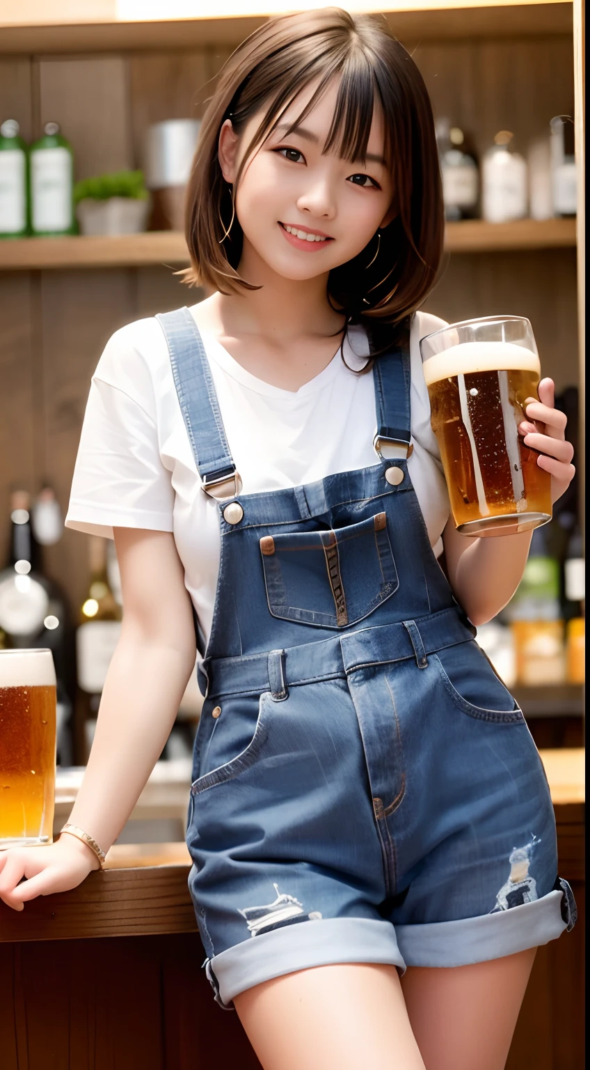 a very pretty girl,Young Face, huge smile, 10 yo,Brown hair,Moderate breasts, White T-shirt, overalls,
a bar counter,Holding a beer mug,Holding beer with both hands,
独奏,1girl in,nsfw
BREAK
(masutepiece, Best Quality,Ultra-detailed)