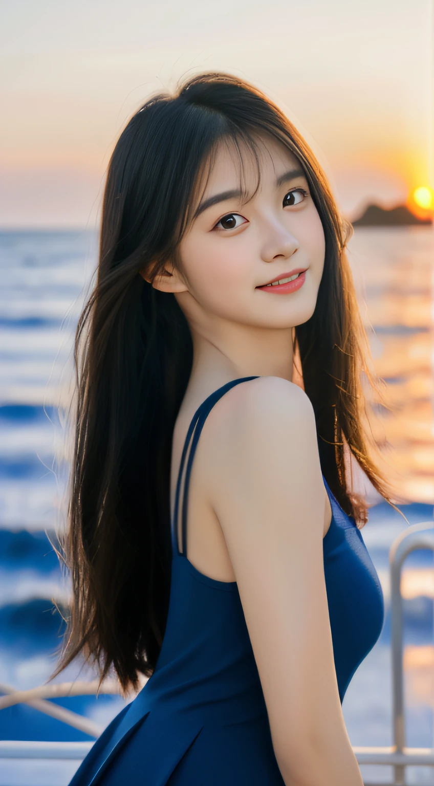 8K分辨率，超高分辨率，Best image quality，a beauty girl，standing in front of the window，looking at the ocean，Moisturized lips，Peerless beauty，Messy black straight hair，Long hair with a shawl，voluminous hair，Intense and beautiful makeup，Exquisite and perfect facial features，Sapphire-like pupils，Be red in the face，Sweet smile，（（（Sunset sky））））by the sea（Wearing a white tight T-shirt）,short  skirt，macro shot，Beautiful detail sky。