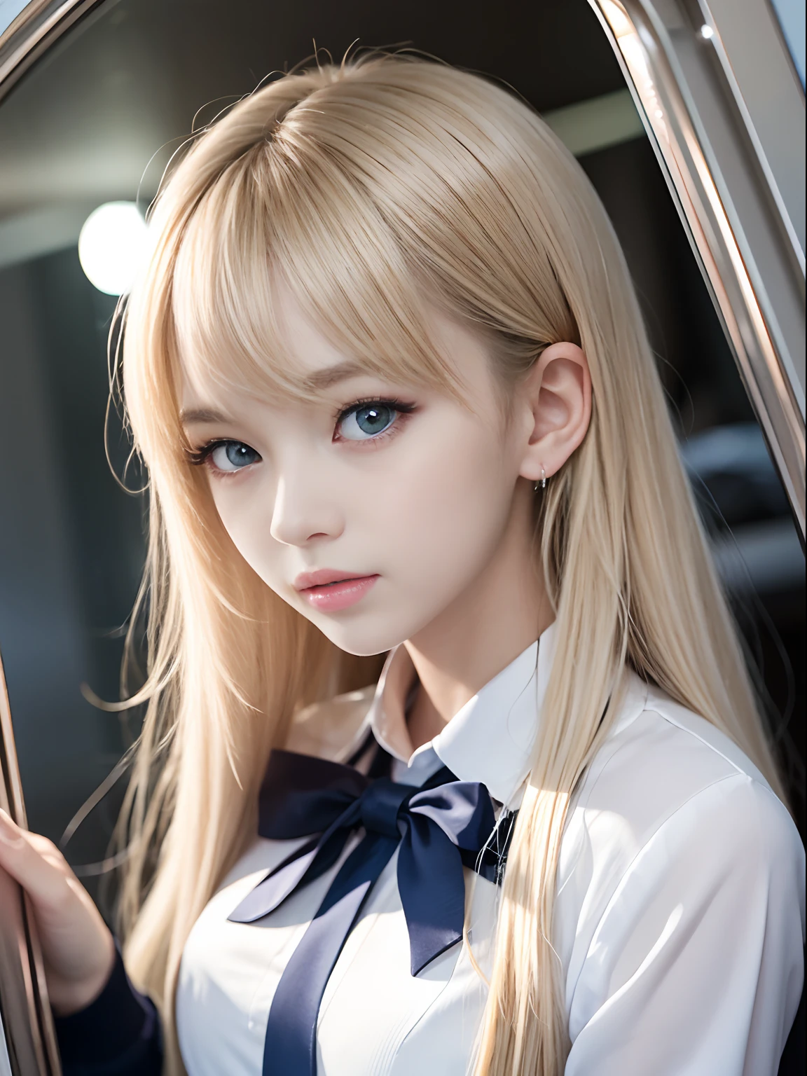 portlate、School Uniforms、bright expression、poneyTail、Young shiny shiny white shiny skin、Best Looks、Blonde reflected light、Platinum blonde hair with dazzling highlights、shiny light hair,、Super long silky straight hair、Beautiful bangs that shine、Glowing crystal clear attractive big blue eyes、Very beautiful nice cute girl、Lush bust