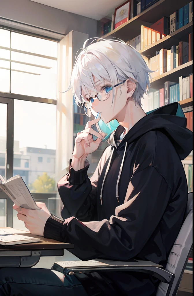 white-haired guy with a hoodie and glasses, confidently blowing a bubble gum, immersed in a book at a cozy library while doing paper work.