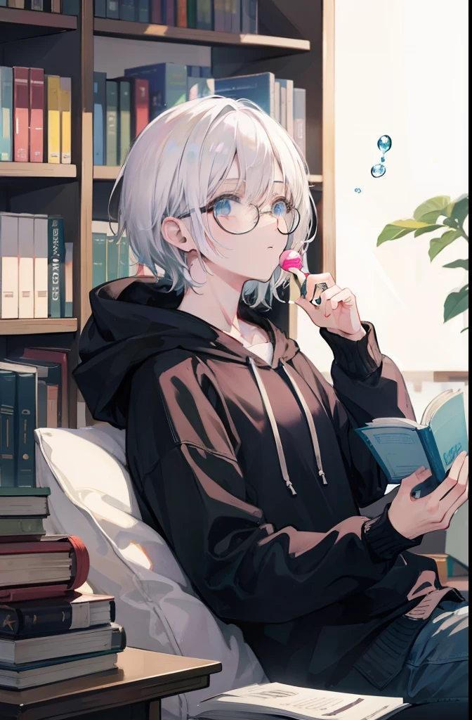 white-haired guy with a hoodie and glasses, confidently blowing a bubble gum, immersed in a book at a cozy library while doing paper work.