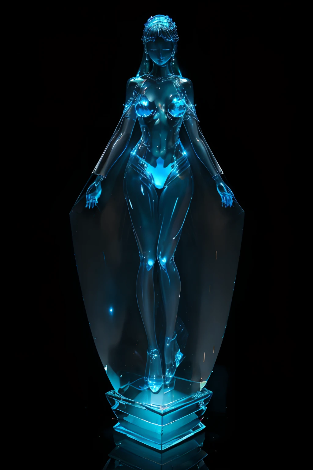 high detailing, nffsw,Fantasia, nffsw, Genre painting, Verism, nffsw, masuter piece, Anatomically correct, high details, awardwinning, hight resolution, 8K, Best Quality,(((semi transparent)、(Reflectors)、(cleanness)、(glasssculpture)))、((Female sculpture))、(Full shot body photo:1.3)、illustratio、(The whole body is made of glass:1.5)、(Made of shining blue glass:1.5)、1girl in, Eyes closed、focus breasts、beautiful countenance、A slight smil, luminous body、Long curled hair、perfectly proportions、long limbs、(Beautiful curvaceous)、(Empty background)、natta、Shining stars、supernova、milkyway、(Lights from the front:1.2)、(Light from diagonally ahead:1.2)、Reflectors、Beautiful Glow、The sheen、