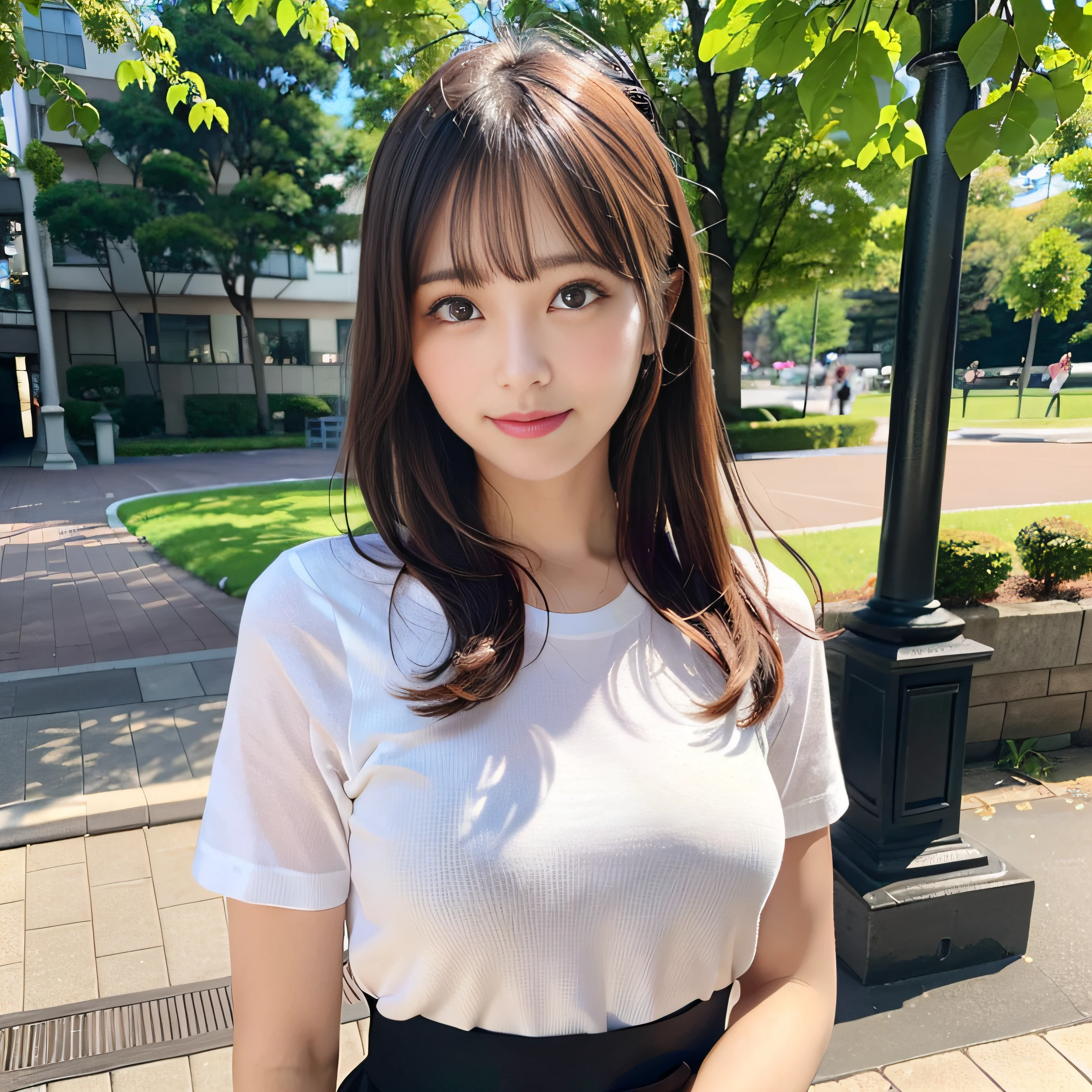 8K,Best Quality:1.4,high details、 超A high resolution:1.5, (Photorealistic:1.4),​masterpiece:1.2,(top-quality:1.4)、 Raw photo、(the background is blurred), Lakeside Park,fully body photo:1.8、Standing Pose:1.2、 1日本人の女の子, Cute, (Solo), (Shy smile), Smooth skin、ＴThe shirt、Check miniskirt:1.3、 (Brown medium hair,Bangs), (touch hair:1.4)、nogizaka、cute little、(30-years old:1.2)、beauty legs、Supple fingertips、Realistic fingers、Beautiful black eyes、natural skin textures:1.3, realistic eyes and face details:1.7、middlebreasts、gazing at viewer,Gravure Pose:1.3