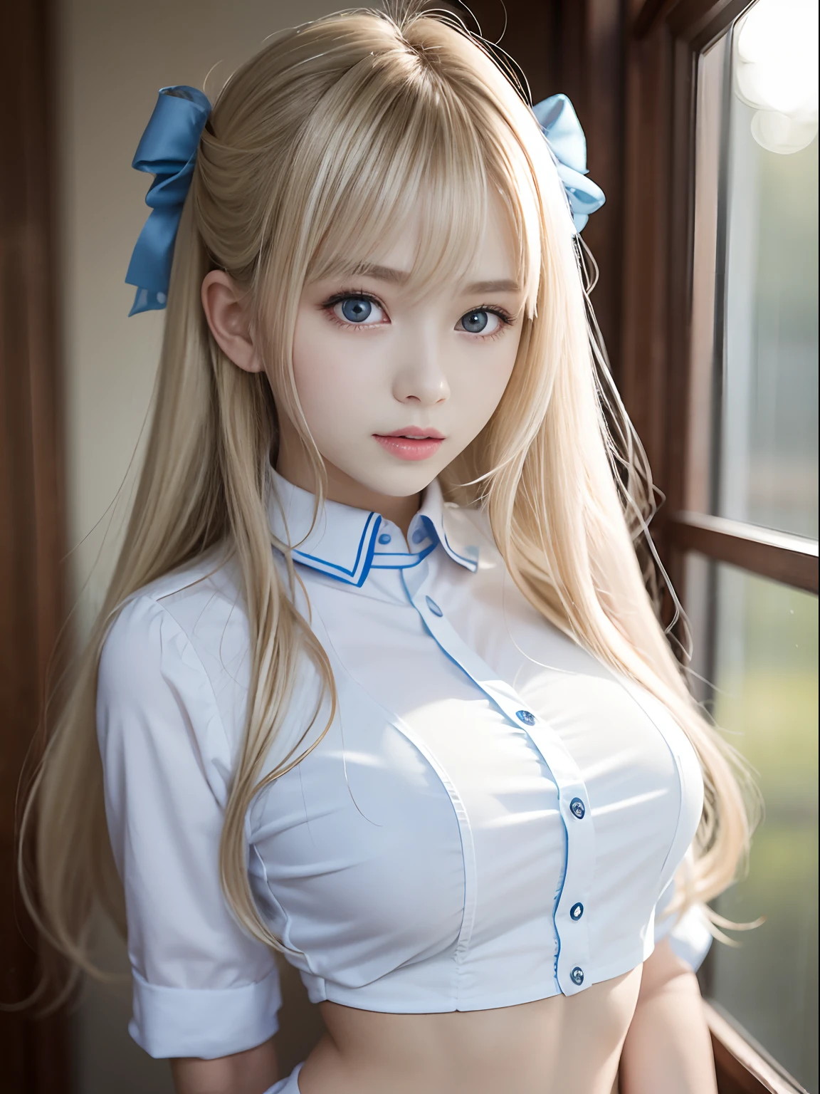 portlate、School Uniforms、bright expression、poneyTail、Young shiny shiny white shiny skin、Best Looks、Blonde reflected light、Platinum blonde hair with dazzling highlights、shiny light hair,、Super long silky straight hair、Beautiful bangs that shine、Glowing crystal clear attractive big blue eyes、Very beautiful nice cute 16 year old girl、huge tit