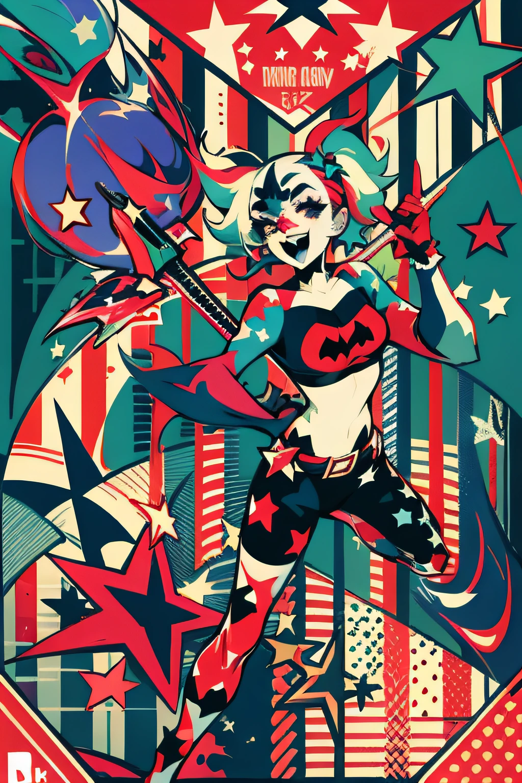 Harley Quinn, pop art, illustration, stars and stripes, retro, ((logo)), vector, 4K,