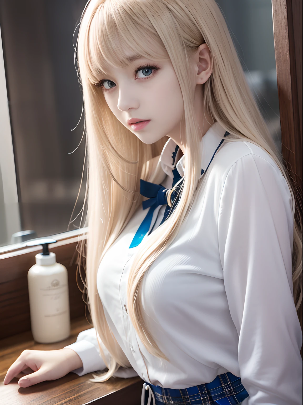 portlate、School Uniforms、bright expression、Young shiny shiny white shiny skin、Best Looks、Blonde reflected light、Platinum blonde hair with dazzling highlights、shiny light hair,、Super long silky straight hair、Beautiful bangs that shine、Glowing crystal clear attractive big blue eyes、Very beautiful nice cute 16 year old girl、Lush bust、