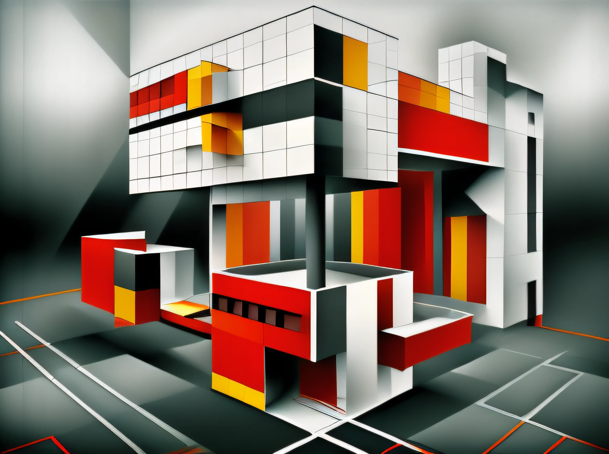A close-up of a building with many blocks, styled, impossible stijl architecture, author:Christoffel van den Berghe, style of constructivism, style of constructivism, Bauhaus style painting, Deconstructivism, author:Stuart Davis, hundred_Number-to-number format, inspired by El Lissitzky, Inspired by Stuart Davis