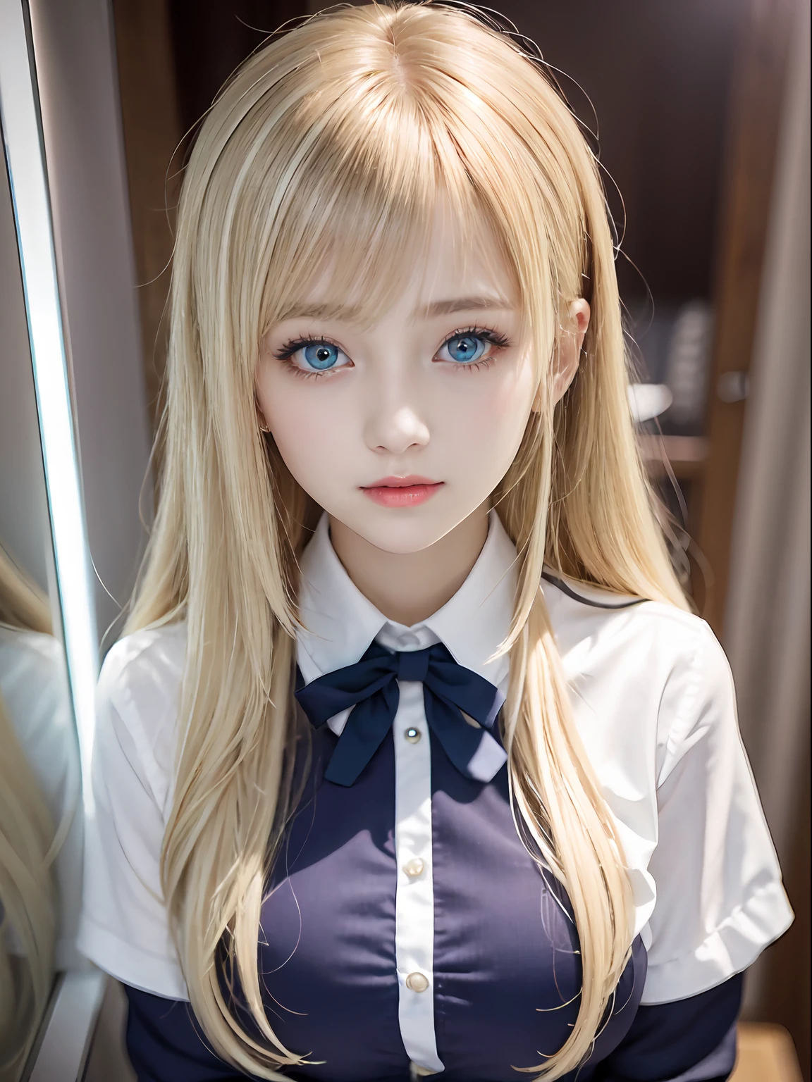 portlate、School Uniforms、bright expression、Young shiny shiny white shiny skin、Best Looks、Blonde reflected light、Platinum blonde hair with dazzling highlights、shiny light hair,、Super long silky straight hair、Beautiful bangs that shine、Glowing crystal clear attractive big blue eyes、Very beautiful nice cute 16 year old girl、Lush bust、