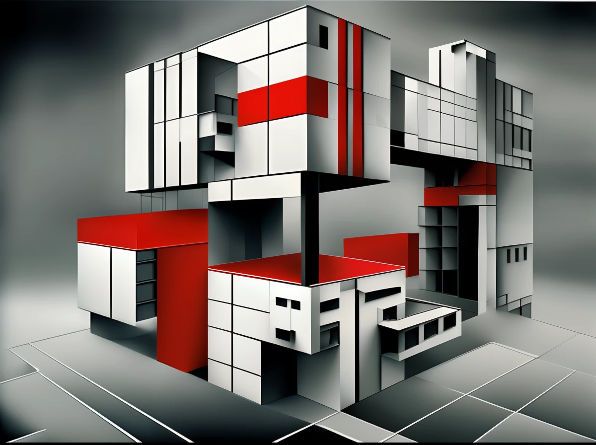 A close-up of a building with many blocks, styled, impossible stijl architecture, author：Christoffel van den Berghe, style of constructivism, style of constructivism, Bauhaus style painting, Deconstructivism, author：Stuart Davis, hundred_Number-to-number format, inspired by El Lissitzky, Inspired by Stuart Davis