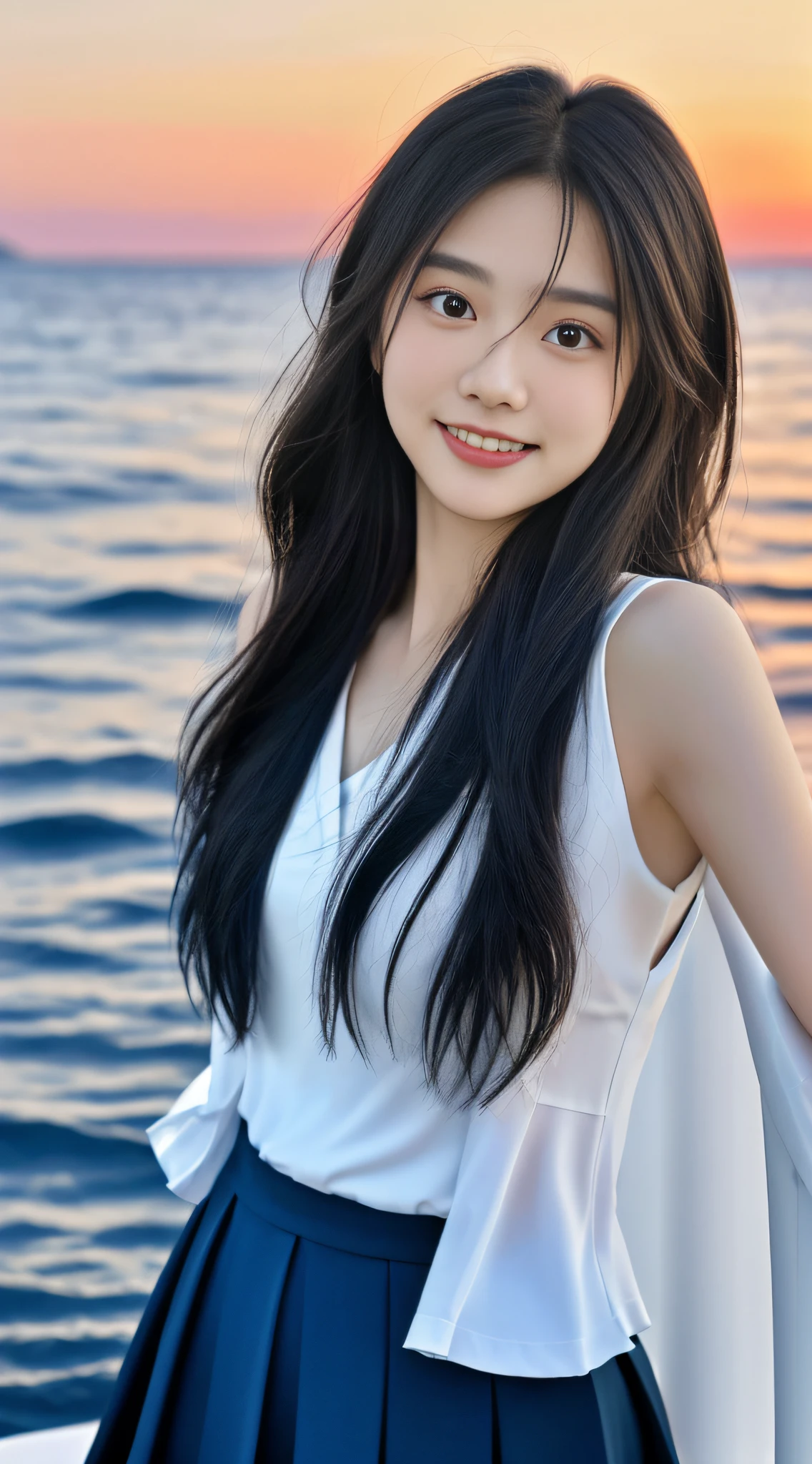 8K分辨率, 超高分辨率, Best image quality, a beauty girl, Moisturized lips, Peerless beauty, Side 1/3,looking at the ocean,Messy black straight hair, Long hair with a shawl, voluminous hair, Intense and beautiful makeup, Exquisite and perfect facial features, Sapphire-like pupils, Be red in the face, Sweet smile, (((Sunset sky))))Have by the sea(dressed in a suit:2.6), short skirt, macro shot, Beautiful detail sky。