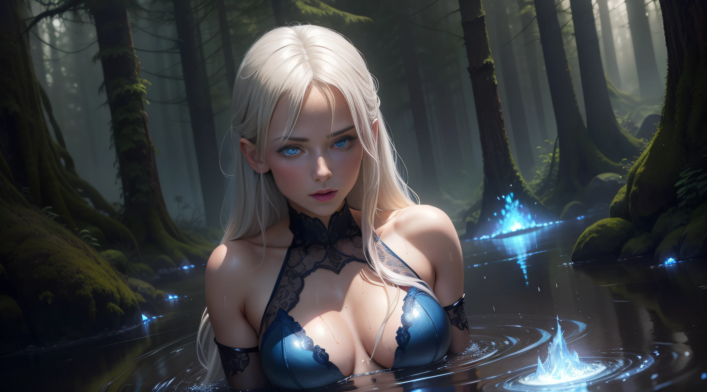 Sexy platinum blonde , blue eyes, extreme glowing eyes, blue lingerie , fantasy , forest , rain , wet , highly detailed face , realistic face , seductive , extremely realistic , dark magic , dark fantasy ,small breast , aged 25 , age (25/100) , hips (30/100) , sultry ,platinum blonde hair , glowing blue eyes , radiating blue eyes ,