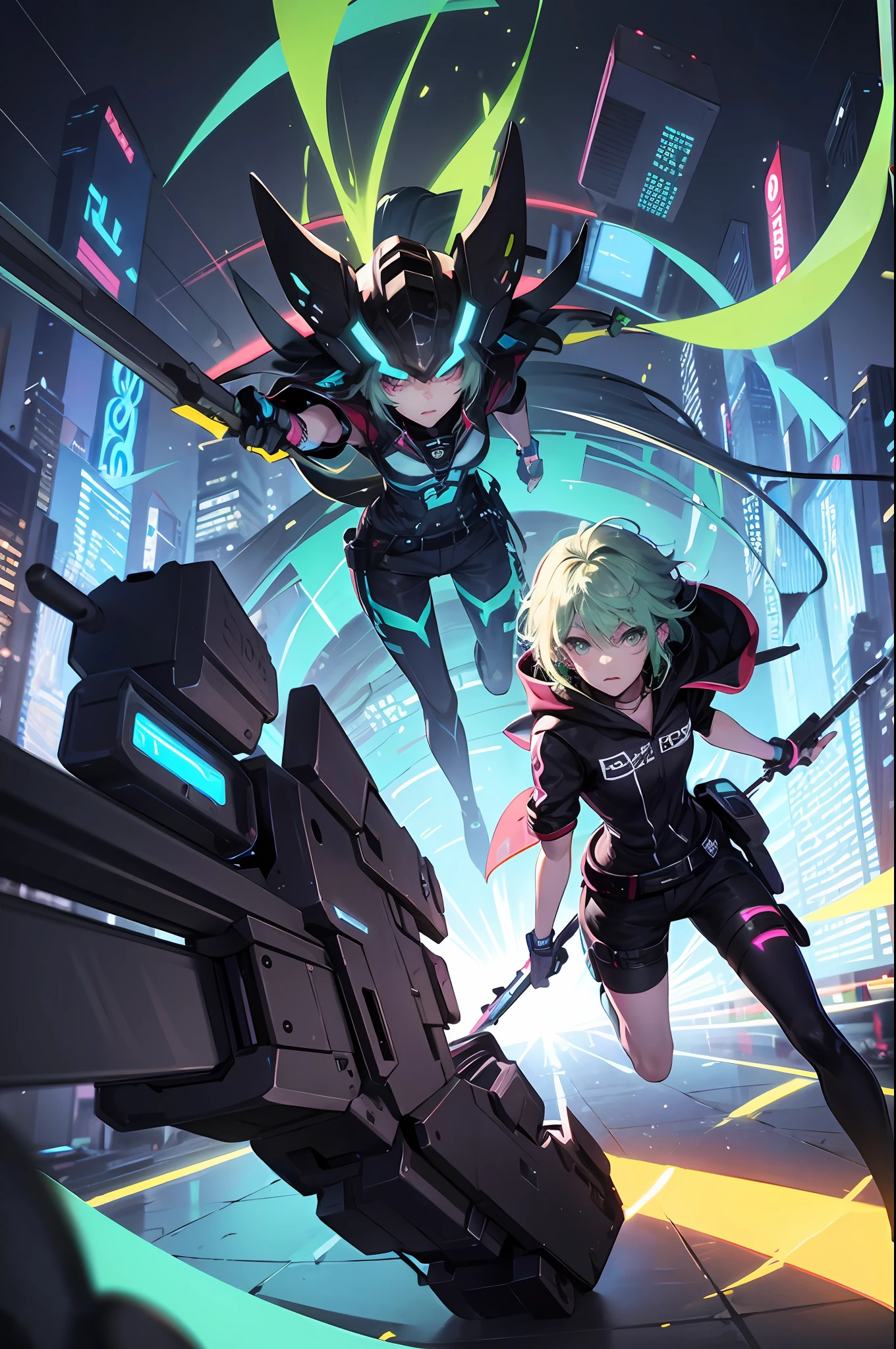 ekko with gothic and technological aspects with futuristic city in neon background --auto