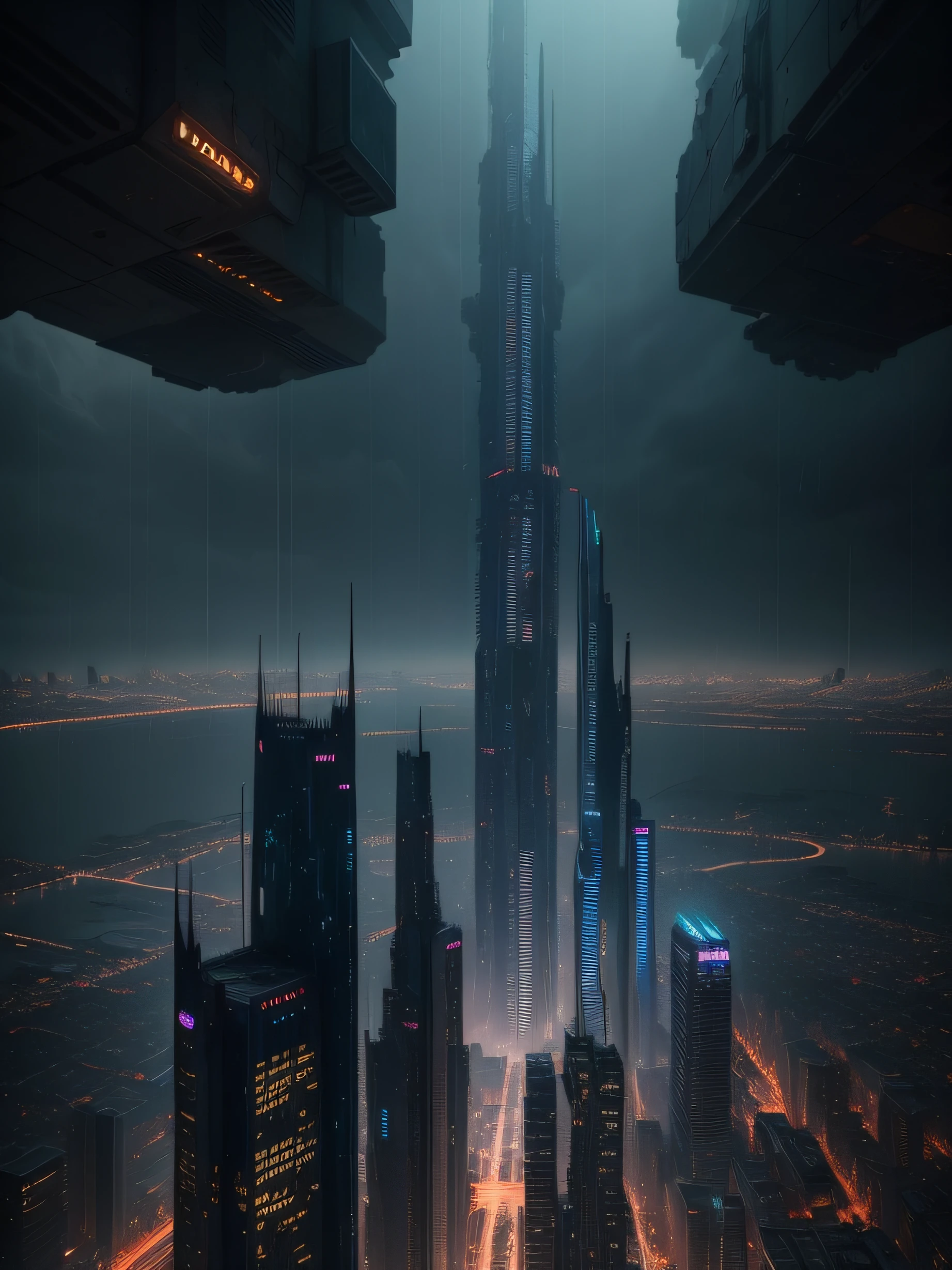 dark city, ruined city, futuristic city, cyberpunk city, raining, night, masterpiece, high quality, best quality, darkblue, tall buildings, modern cars, messy architecture, from above, darker,
