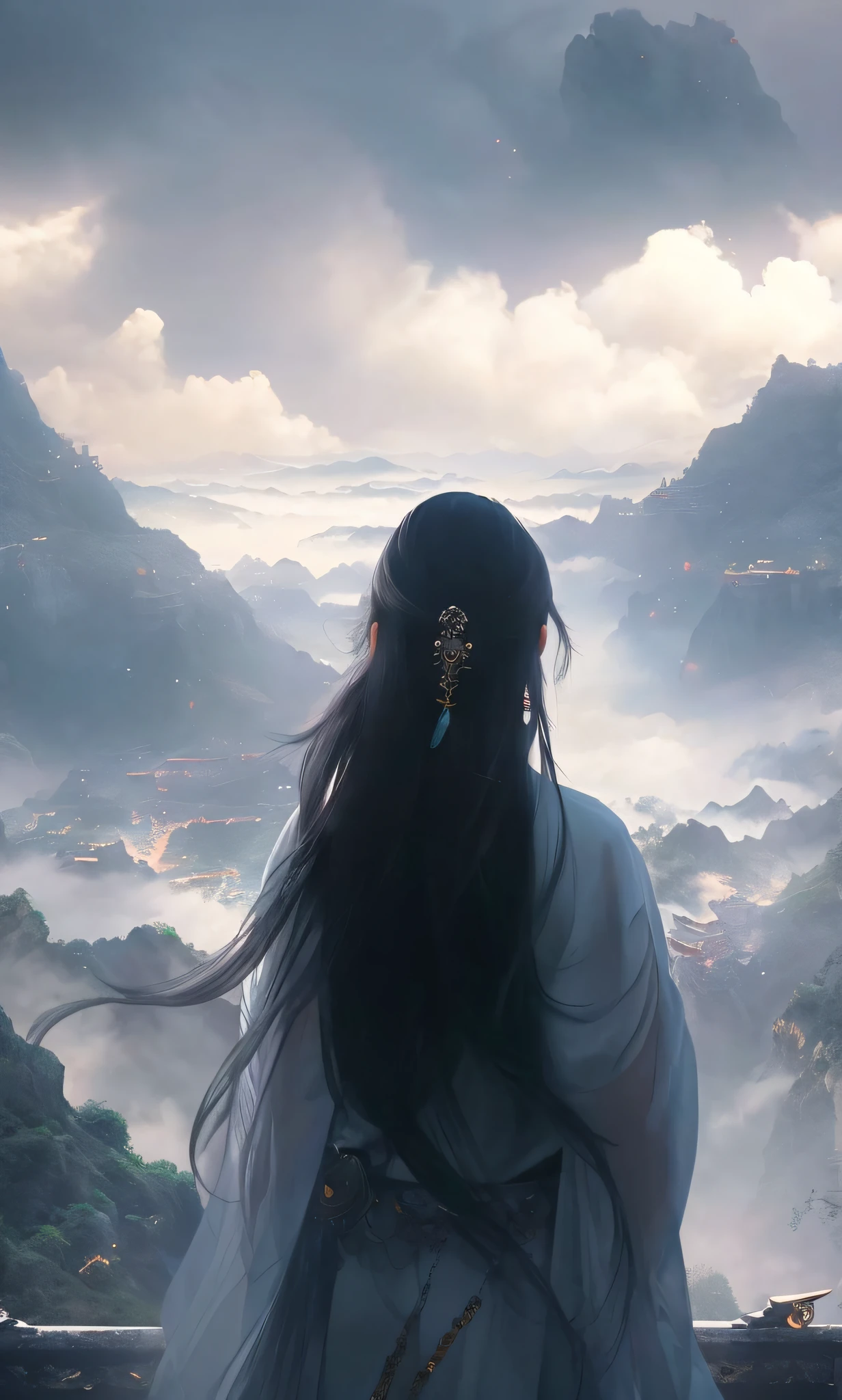 There was a woman looking out over the valley, ross tran. scenery background, Guviz-style artwork, by Yang J, cgsociety and fenghua zhong, beautiful concept art, 8 k resolution digital painting, 8k resolution digital painting, chengwei pan on artstation, trending on cgstation, emotional concept art
