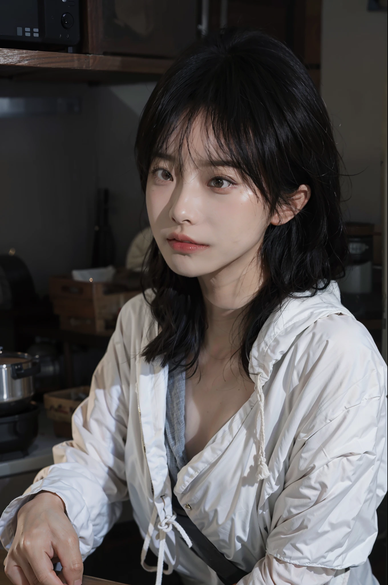 8K，best qualtiy，tmasterpiece，超高分辨率，（真实感：1.6），RAW photogr，（True skin texture：1.3），（filmgrain：1.3），（Side shooting angle），1个Giant Breast Girl，Beautiful eye and face details，tmasterpiece，Best quality at best，closeup cleavage，raincoat，in a kitchen，