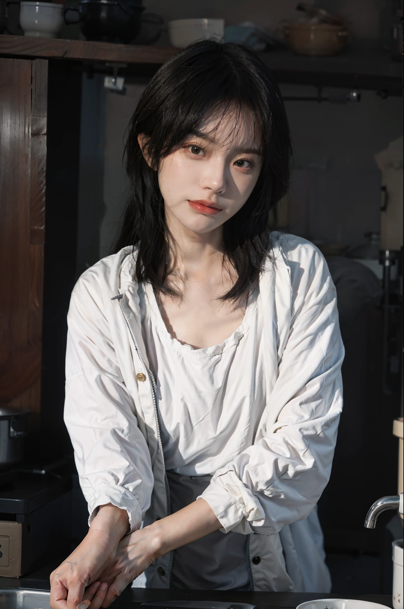 8K,best qualtiy,tmasterpiece,超高分辨率,(真实感:1.6),RAW photogr,(True skin texture:1.3),(filmgrain:1.3),(Side shooting angle),1个Giant Breast Girl,Beautiful eye and face details,tmasterpiece,Best quality at best,closeup cleavage,raincoat,in a kitchen,