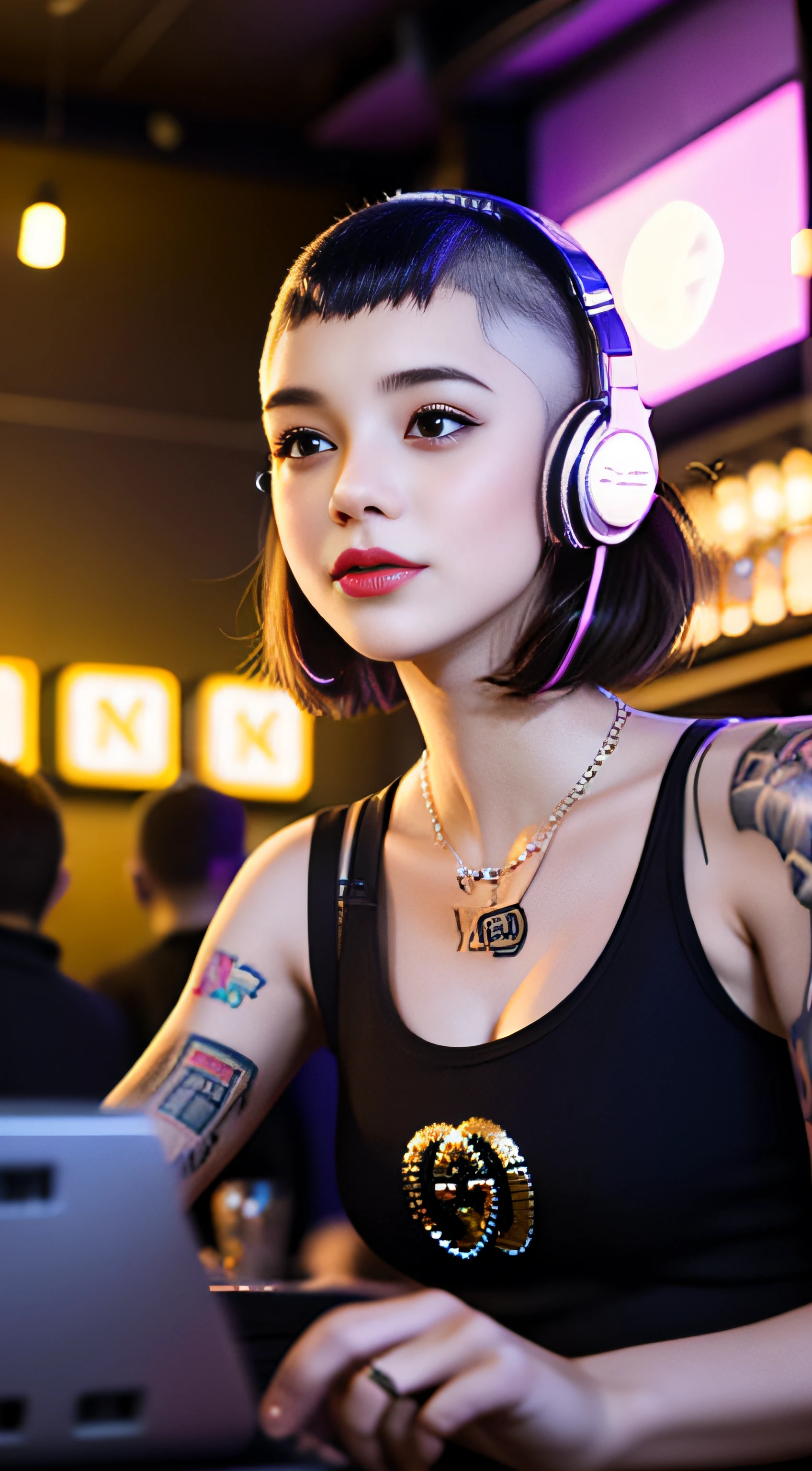 Best quality, Masterpiece, Ultra High resolution, native photo, Professional, photography, color photography, 1 girl, disco bar, girl with headphones, Djing in bar, upper body, female DJ, Looking at the crowd, DJ, DJ machine, DJ machine, Stage lights, (buzz cut:1.1), (Tattoo :1.1), Happy, dynamic, Gucci, Versace, cool, necklace, view