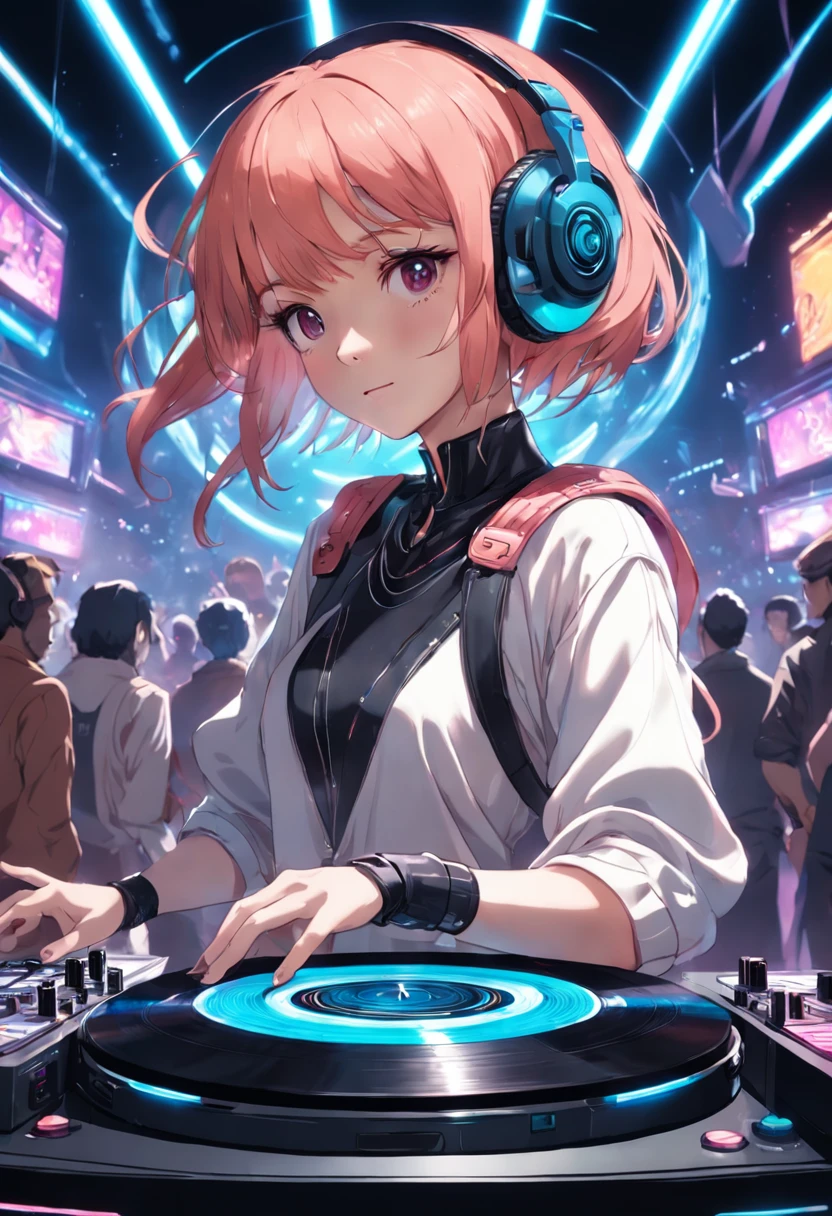 A young female DJ wears a vinyl record player on a sci-fi DJ table,(The upper part of the body:1.5), In a lively discotheque,Look at the crowd,Cybernetics enhances the highly detailed futurists on the stage table,She wears futuristic clothing and double-sided hearing headphones,She wears a Rosotto hat on her head,Laugh excitedly,dynamic viewing angle,