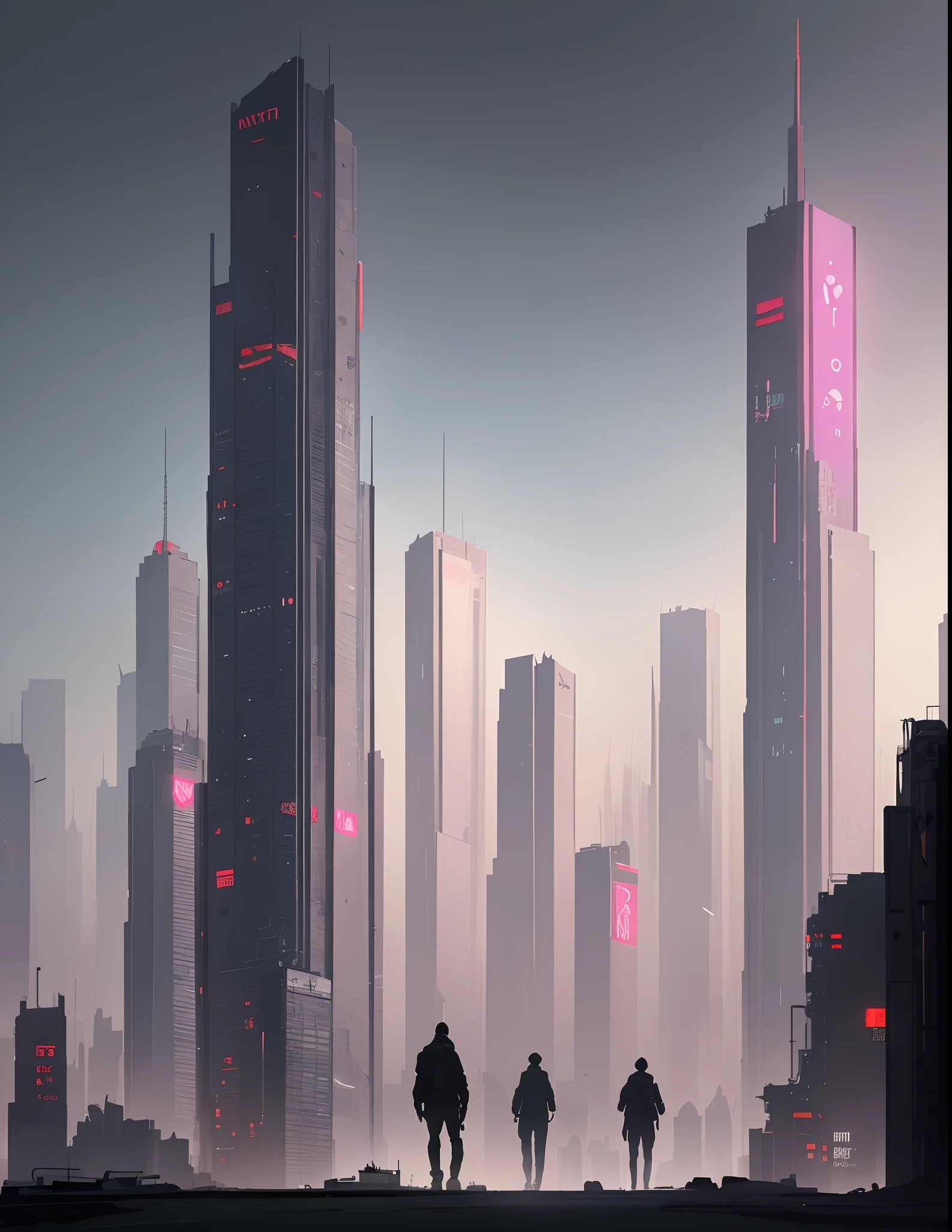 a digital illustration presenting a cyberpunk landscape under smog-filled skies, reminiscent of Sparth's style, tall skyscrapers disappearing into haze, subdued palette of grays and purples, characters displaying a mix of determination and weariness, diffused and moody lighting evoking the urban dystopia--v 5 --stylize 1000