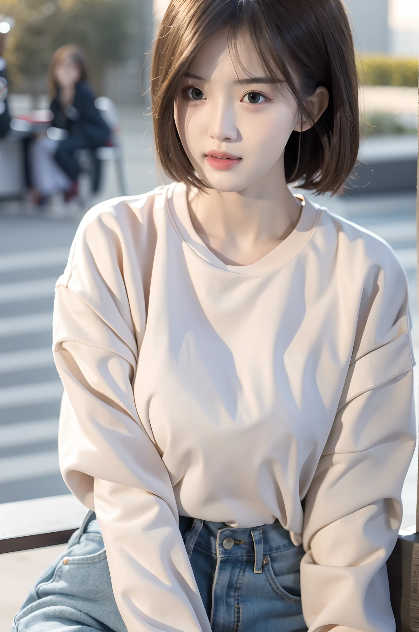 Incomparable masterpiece, perfect artwork, ((perfect female figure)), short hair, blonde, thin, realistic, solo, (realism: 1.4), best quality, ultra high resolution, 1girl, porcelain, Kpop ido, full body, (tight sweatshirt) black sweatshirt, (clothes with horizontal letter icon) (d cup), beautiful, masterpiece, best quality, very detailed face, perfect lighting, solo, plain makeup, best quality, super high resolution, 👍 (realistic: 1.4), Ultra-detailed, masterpiece, best quality, ulzzang -6500-v1.1