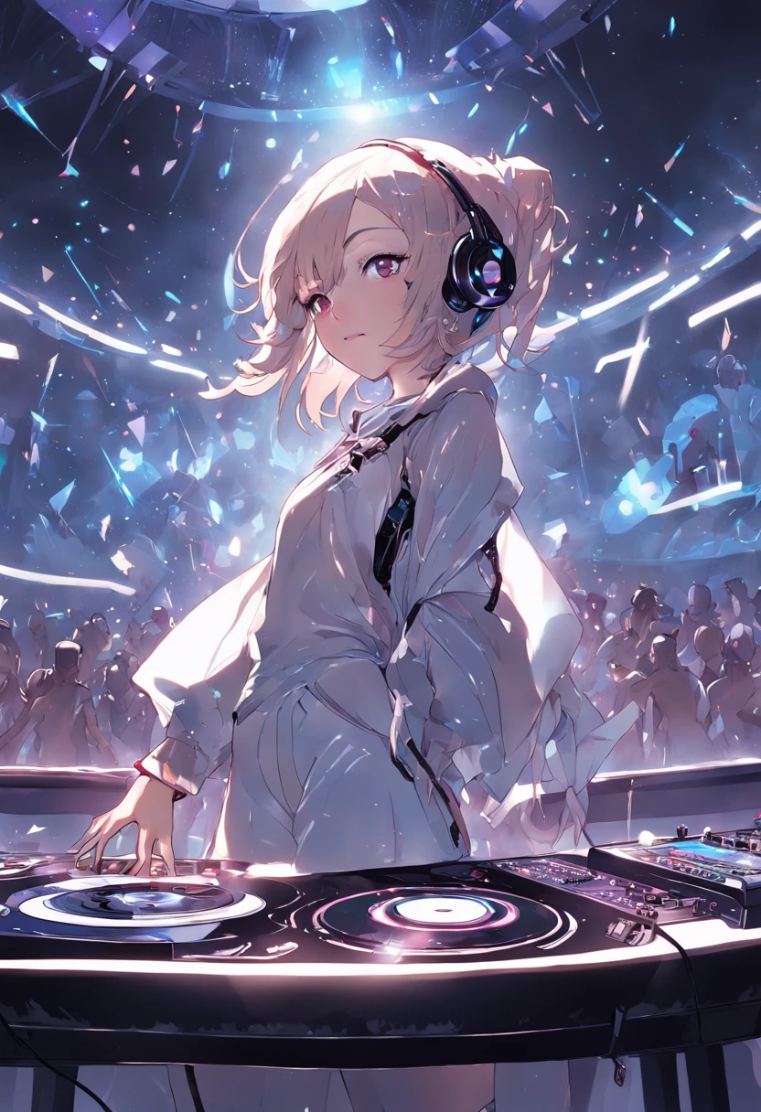 A young female DJ wears a vinyl record player on a sci-fi DJ table,(The upper part of the body:1.5), In a lively discotheque,Look at the crowd,Cybernetics enhances the highly detailed futurists on the stage table,She wears futuristic clothing and double-sided hearing headphones,She wears a Rosotto hat on her head,Laugh excitedly,dynamic viewing angle,
