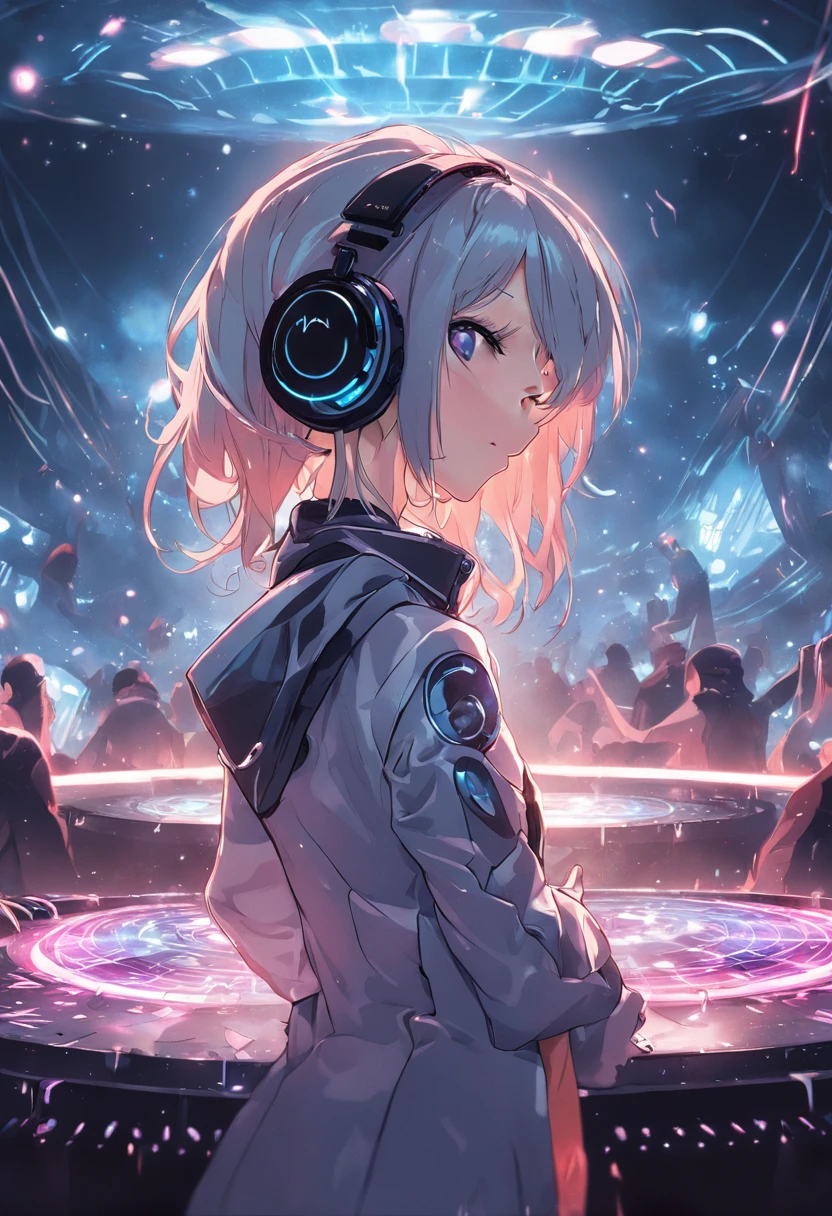 A young female DJ wears a vinyl record player on a sci-fi DJ table，（The upper part of the body：1.5）, In a lively discotheque，Look at the crowd，Cybernetics enhances the highly detailed futurists on the stage table，She wears futuristic clothing and double-sided hearing headphones，She wears a Rosotto hat on her head，Laugh excitedly，dynamic viewing angle，