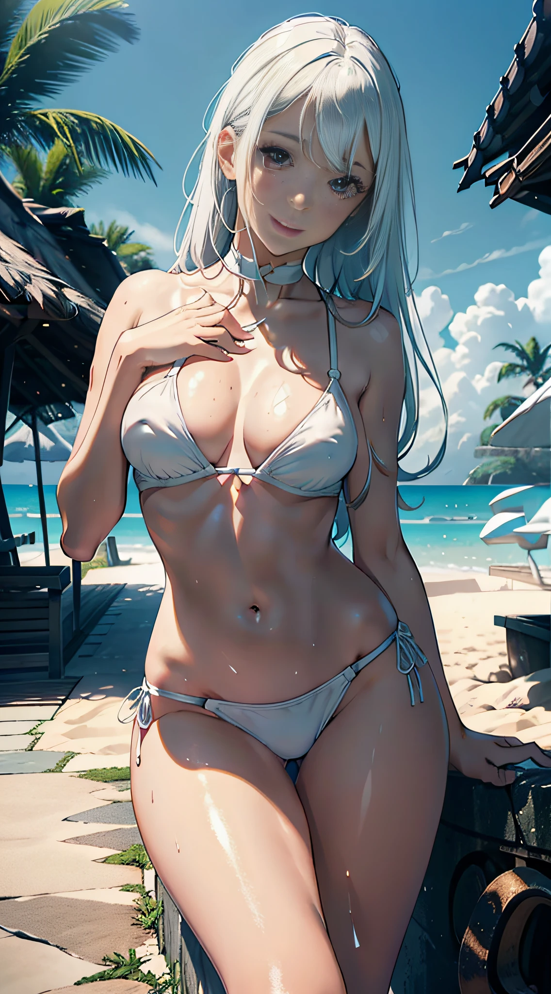 ((Masterpiece)),((Best quality)),Ultra-detailed,illustratio,Explicit,Beautiful body,Beautiful nose,Beautiful character design,Perfect eyes,Perfect face,the wallpaper,超高分辨率,4K,Photography,(Beautiful,Large breasts:1.5),(Beautiful face:1.2),Beautiful legs,Perfect legs,NSFW,full bodyesbian,NSFW,Shiny skin,Otori Maoka,1girll, Breasts, swim wears, Bikini, Solo, Mature female, White hair, Tiny micro bikini, navel, Outdoors, White bikini, Sitting, Open mouth, beach, 鎖骨, Areola Slip,Carmelto, bangs, Smile, Thighs, day, cleavage, hair between eye, Long hair, Shiny, Hands up, Shiny skin, Bare shoulders, Raised eyebrows, facingviewer, water,tree, groin, Wet, stomach, Shiny hair, String bikini, hair over shoulders, Covered , Sand, Shoulder strap pull, Curvy, Short hair,Orange eyes,