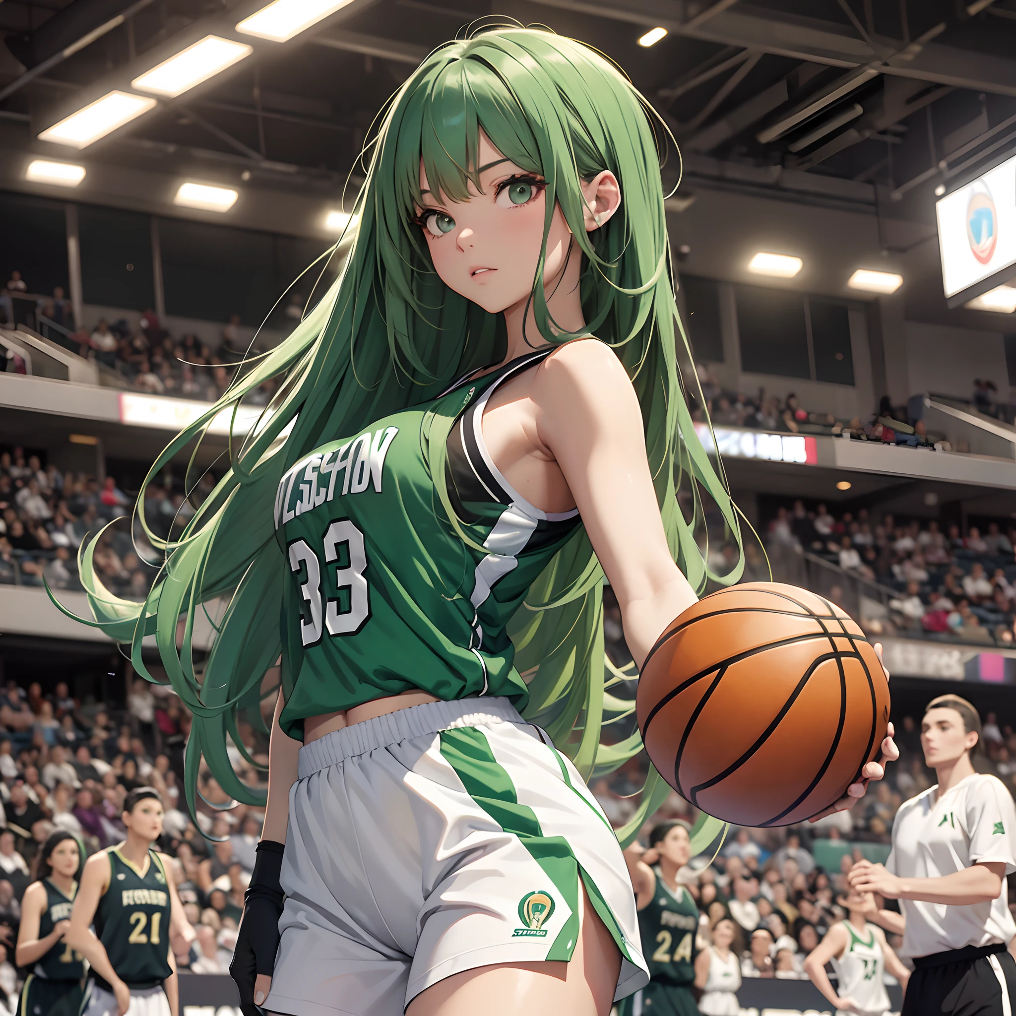 masterpiece,a realistic beautiful girl basketballwear,green hair,Madison square centre